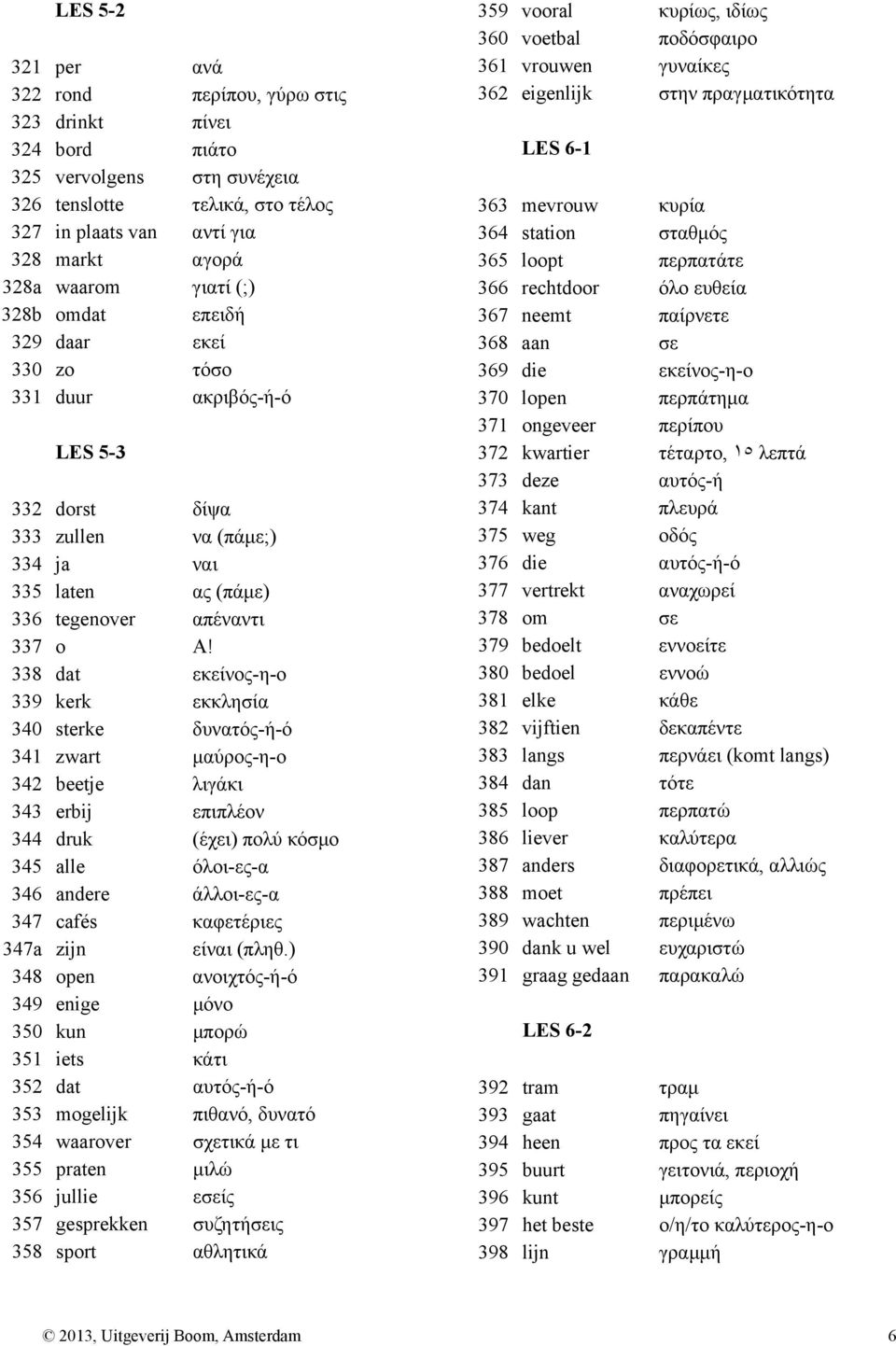 338 dat εκείνος-η-ο 339 kerk εκκλησία 340 sterke δυνατός-ή-ό 341 zwart μαύρος-η-ο 342 beetje λιγάκι 343 erbij επιπλέον 344 druk (έχει) πολύ κόσμο 345 alle όλοι-ες-α 346 andere άλλοι-ες-α 347 cafés