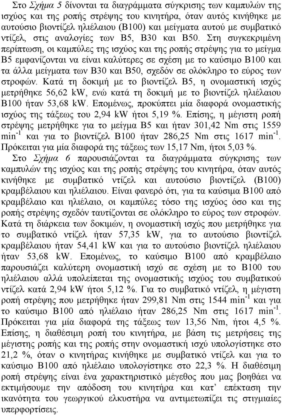 Στη συγκεκριµένη περίπτωση, οι καµπύλες της ισχύος και της ροπής στρέψης για το µείγµα Β5 εµφανίζονται να είναι καλύτερες σε σχέση µε το καύσιµο Β100 και τα άλλα µείγµατα των Β30 και Β50, σχεδόν σε