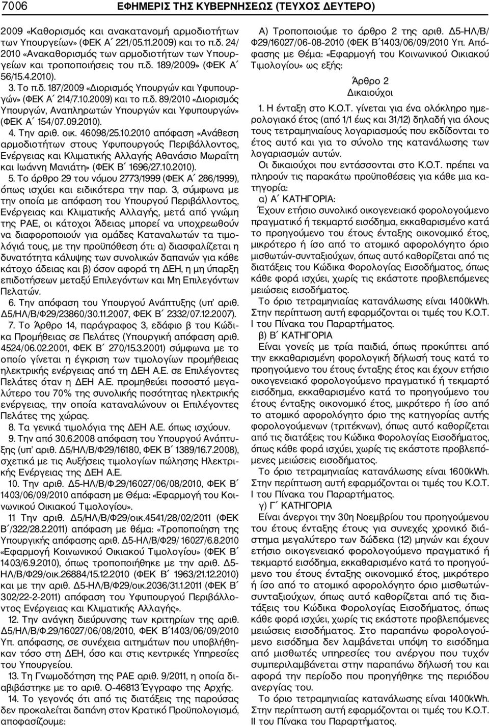 09.2010). 4. Την αριθ. οικ. 46098/25.10.2010 απόφαση «Ανάθεση αρμοδιοτήτων στους Υφυπουργούς Περιβάλλοντος, Ενέργειας και Κλιματικής Αλλαγής Αθανάσιο Μωραΐτη και Ιωάννη Μανιάτη» (ΦΕΚ Β 1696/27.10.2010). 5.