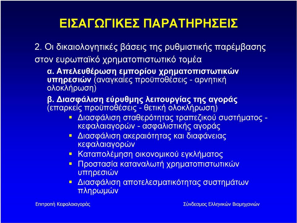 Διασφάλιση εύρυθμης λειτουργίας της αγοράς (επαρκείς προϋποθέσεις - θετική ολοκλήρωση) Διασφάλιση σταθερότητας τραπεζικού συστήματος -