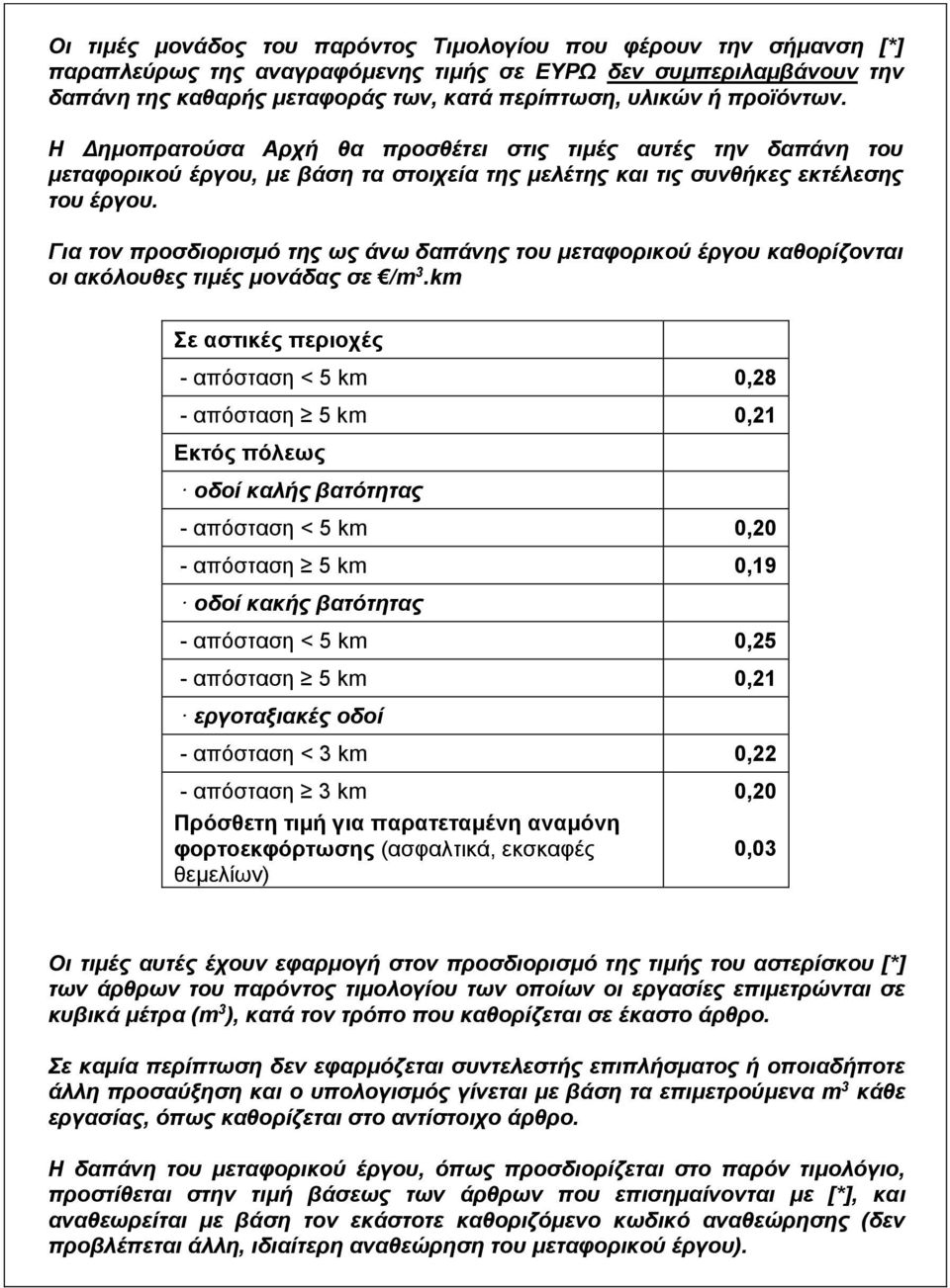 Για τον προσδιορισμό της ως άνω δαπάνης του μεταφορικού έργου καθορίζονται οι ακόλουθες τιμές μονάδας σε /m 3.