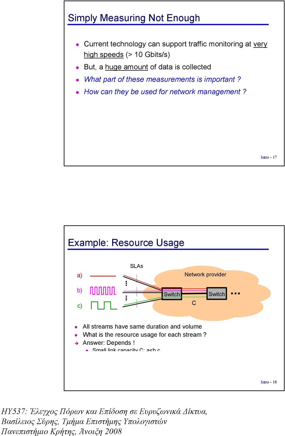 Intro - 17 Example: Resource Usage SLAs a) b) c) Swtch Network provder C Swtch All streams have same duraton and volume What s