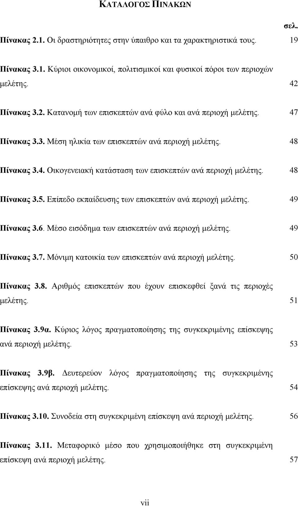 Επίπεδο εκπαίδευσης των επισκεπτών ανά περιοχή µελέτης. 49 Πίνακας 3.6. Μέσο εισόδηµα των επισκεπτών ανά περιοχή µελέτης. 49 Πίνακας 3.7. Μόνιµη κατοικία των επισκεπτών ανά περιοχή µελέτης.