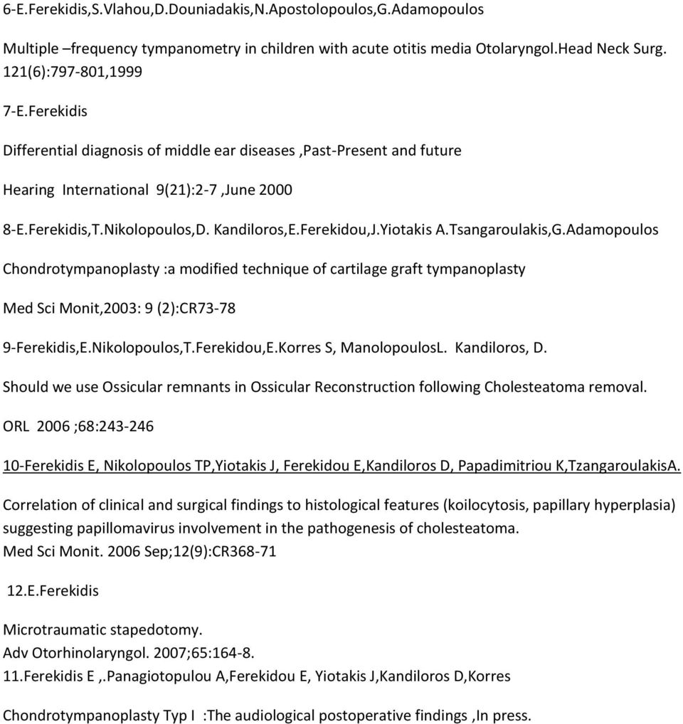 Tsangaroulakis,G.Adamopoulos Chondrotympanoplasty :a modified technique of cartilage graft tympanoplasty Med Sci Monit,2003: 9 (2):CR73-78 9-Ferekidis,E.Nikolopoulos,T.Ferekidou,E.