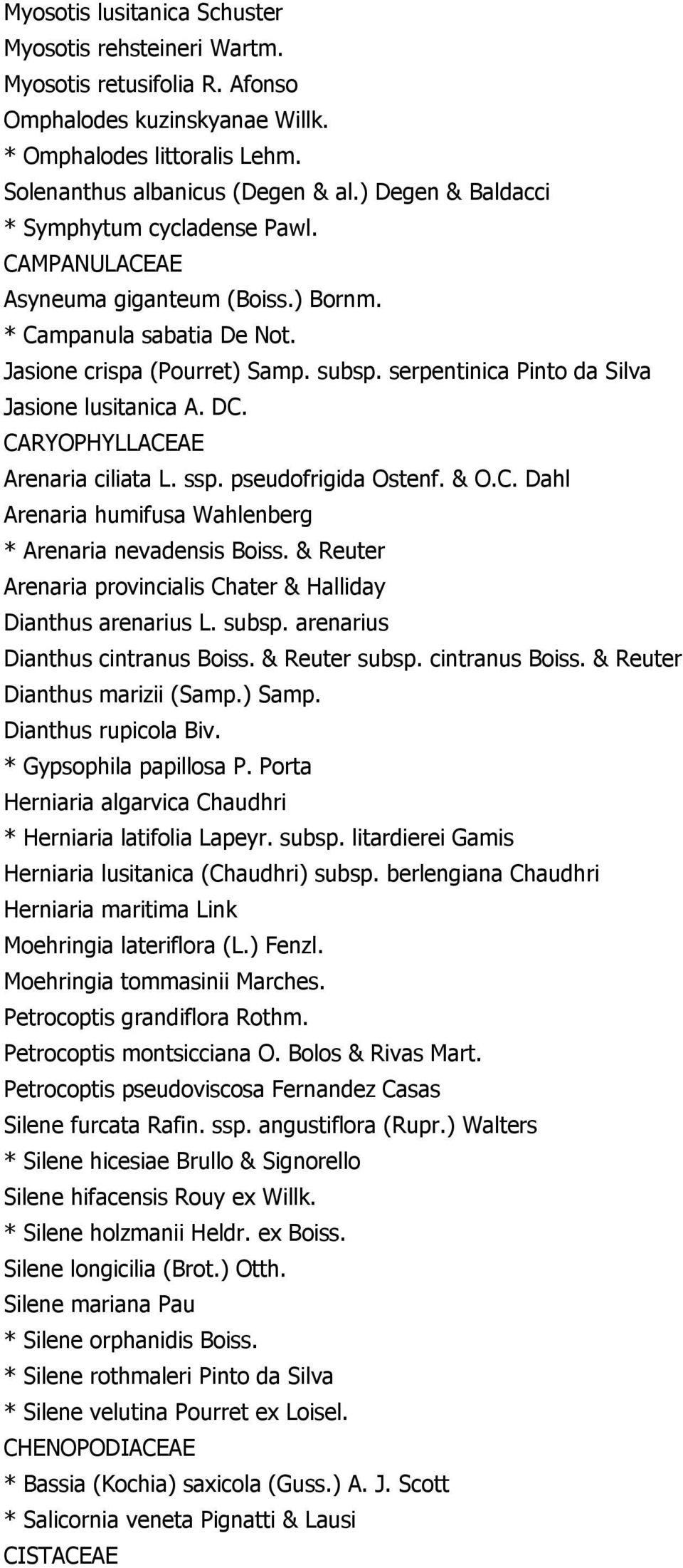 serpentinica Pinto da Silva Jasione lusitanica A. DC. CARYOPHYLLACEAE Arenaria ciliata L. ssp. pseudofrigida Ostenf. & O.C. Dahl Arenaria humifusa Wahlenberg * Arenaria nevadensis Boiss.