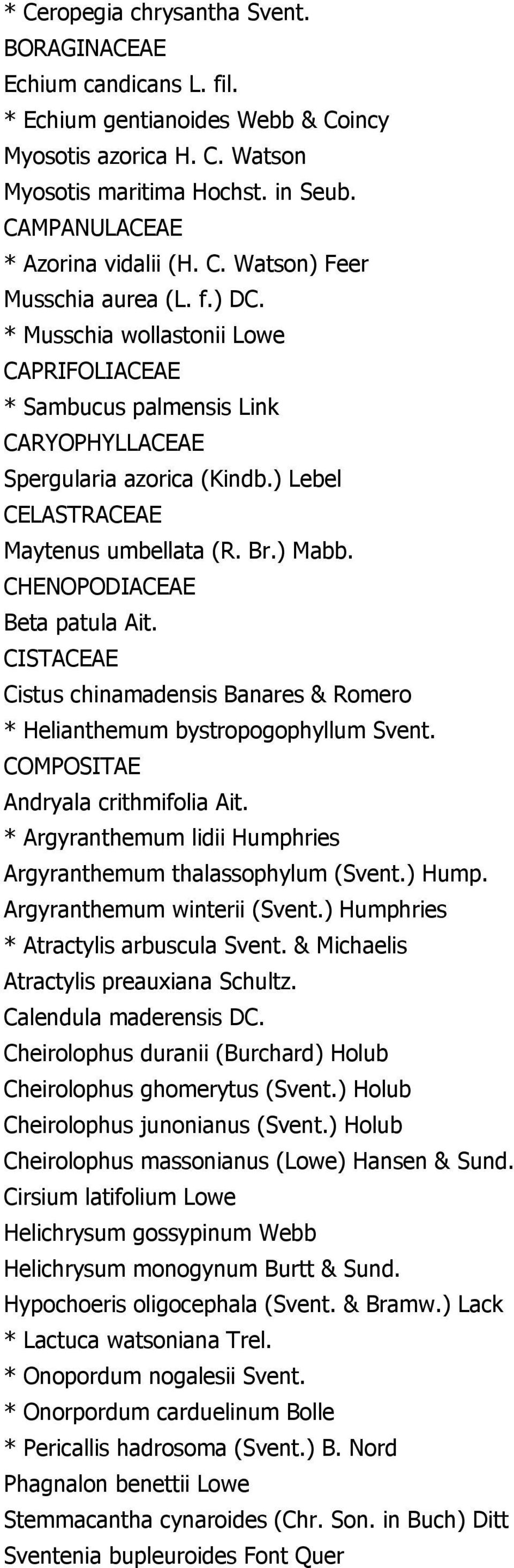 ) Lebel CELASTRACEAE Maytenus umbellata (R. Br.) Mabb. CHENOPODIACEAE Beta patula Ait. CISTACEAE Cistus chinamadensis Banares & Romero * Helianthemum bystropogophyllum Svent.