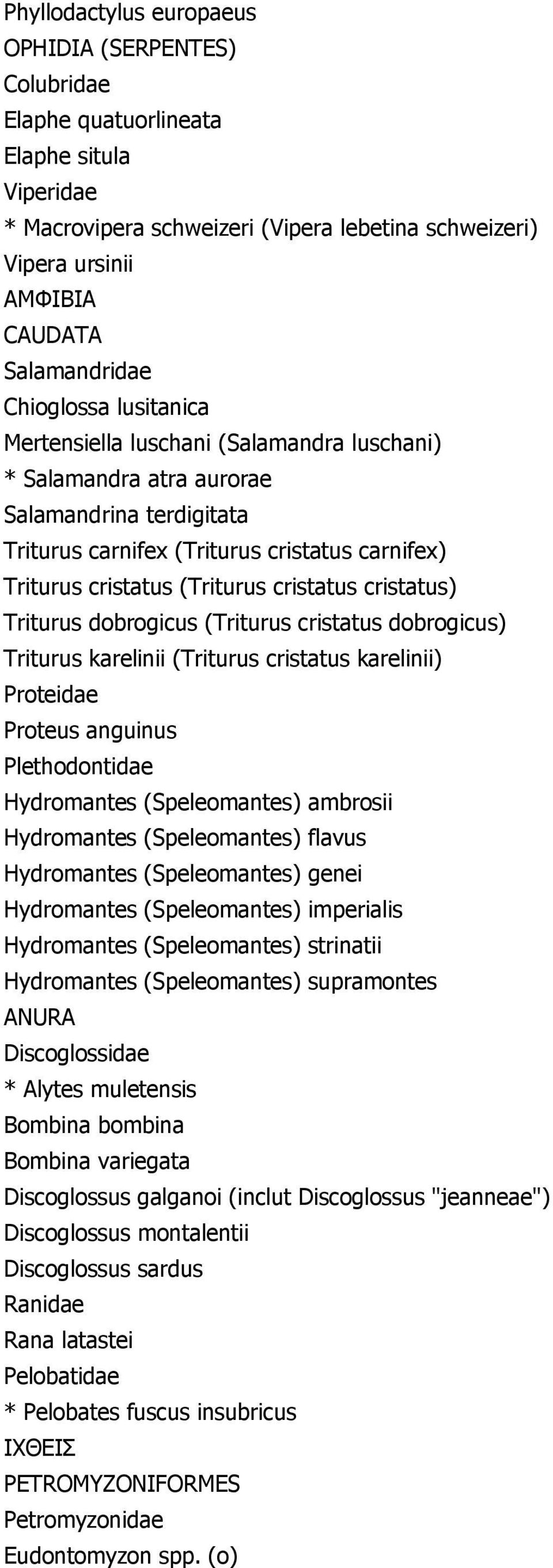 (Triturus cristatus cristatus) Triturus dobrogicus (Triturus cristatus dobrogicus) Triturus karelinii (Triturus cristatus karelinii) Proteidae Proteus anguinus Plethodontidae Hydromantes