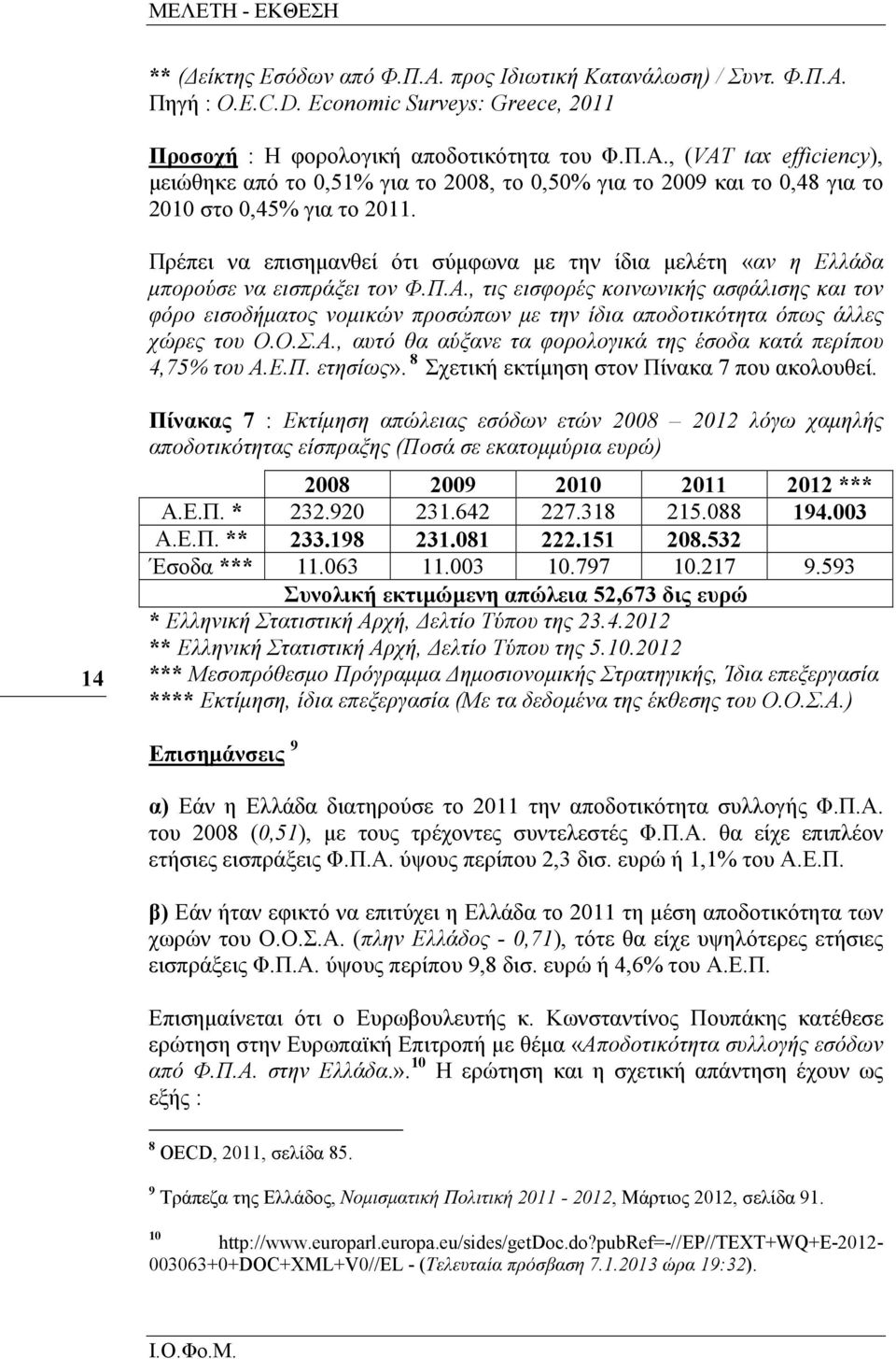 , τις εισφορές κοινωνικής ασφάλισης και τον φόρο εισοδήµατος νοµικών προσώπων µε την ίδια αποδοτικότητα όπως άλλες χώρες του Ο.Ο.Σ.Α., αυτό θα αύξανε τα φορολογικά της έσοδα κατά περίπου 4,75% του Α.