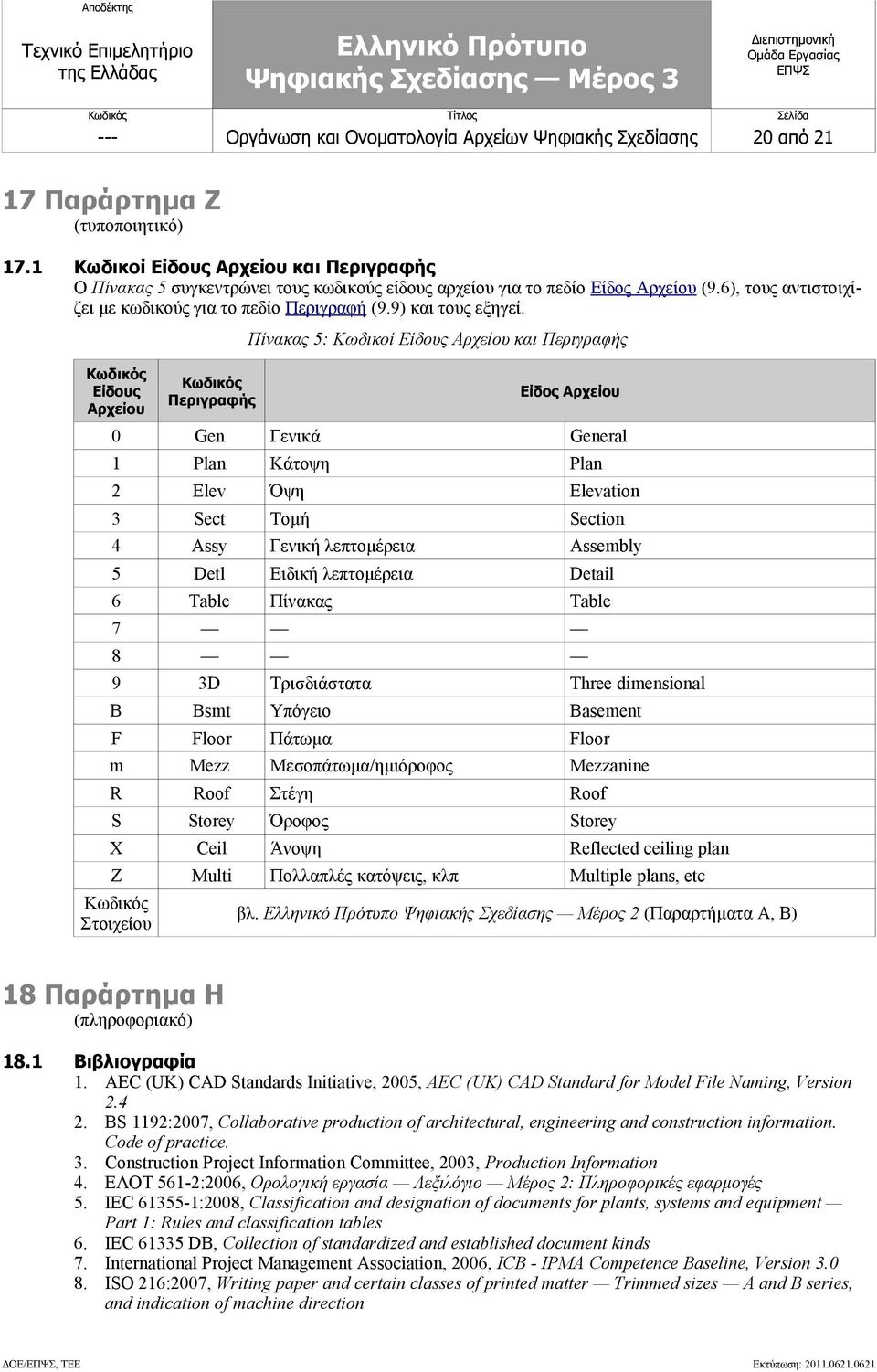 Κωδικός Είδους Κωδικός Περιγραφής Πίνακας 5: Κωδικοί Είδους και Περιγραφής Είδος 0 Gen Γενικά General 1 Plan Κάτοψη Plan 2 Elev Όψη Elevation 3 Sect Τομή Section 4 Assy Γενική λεπτομέρεια Assembly 5