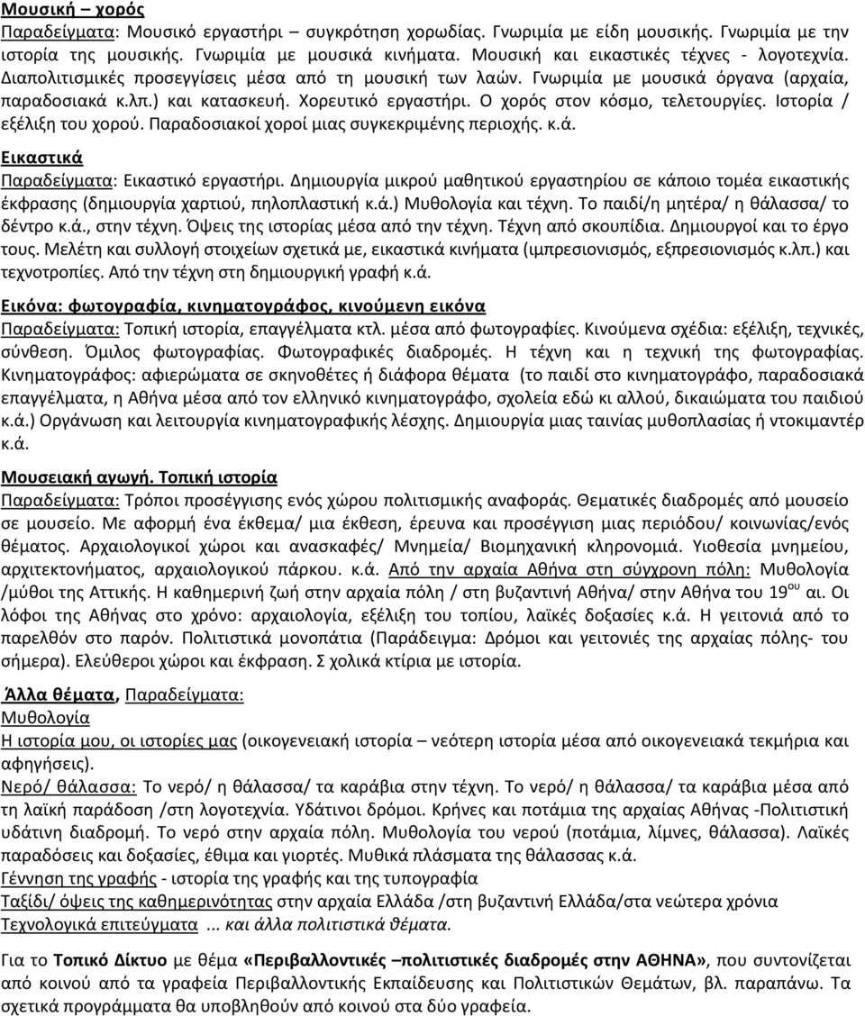 Ο χορός στον κόσμο, τελετουργίες. Ιστορία / εξέλιξη του χορού. Παραδοσιακοί χοροί μιας συγκεκριμένης περιοχής. κ.ά. Εικαστικά Παραδείγματα: Εικαστικό εργαστήρι.