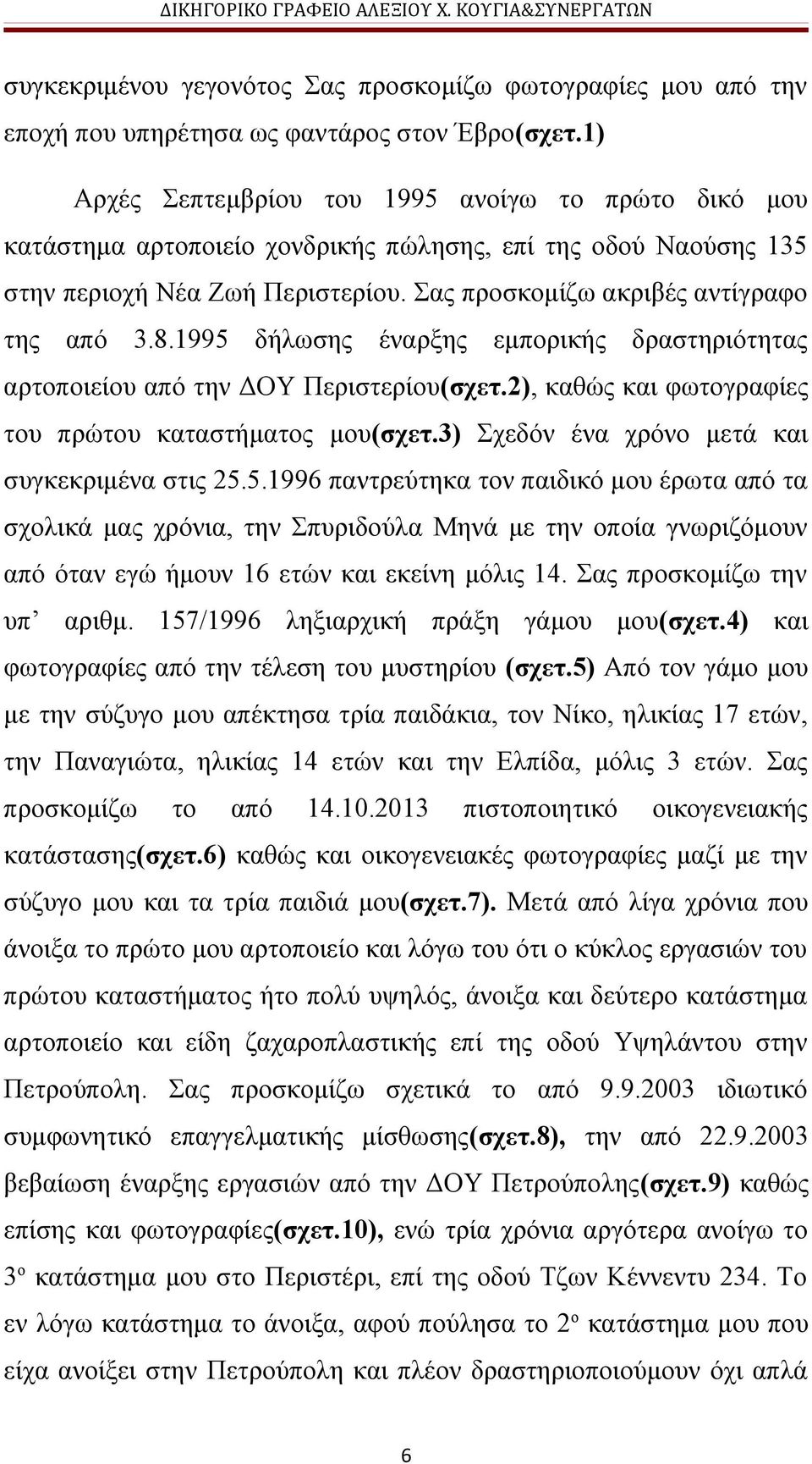 1995 δήλωσης έναρξης εμπορικής δραστηριότητας αρτοποιείου από την ΔΟΥ Περιστερίου(σχετ.2), καθώς και φωτογραφίες του πρώτου καταστήματος μου(σχετ.3) Σχεδόν ένα χρόνο μετά και συγκεκριμένα στις 25.5.1996 παντρεύτηκα τον παιδικό μου έρωτα από τα σχολικά μας χρόνια, την Σπυριδούλα Μηνά με την οποία γνωριζόμουν από όταν εγώ ήμουν 16 ετών και εκείνη μόλις 14.