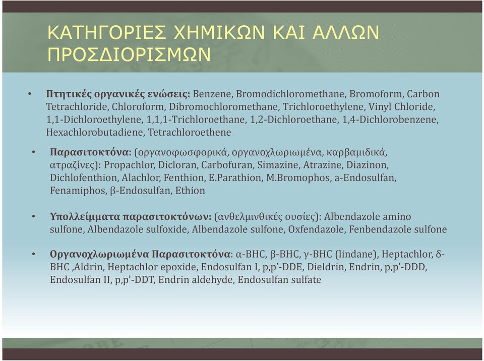 ατραζίνες): Propachlor, Dicloran, Carbofuran, Simazine, Atrazine, Diazinon, Dichlofenthion, Alachlor, Fenthion, E.Parathion, M.