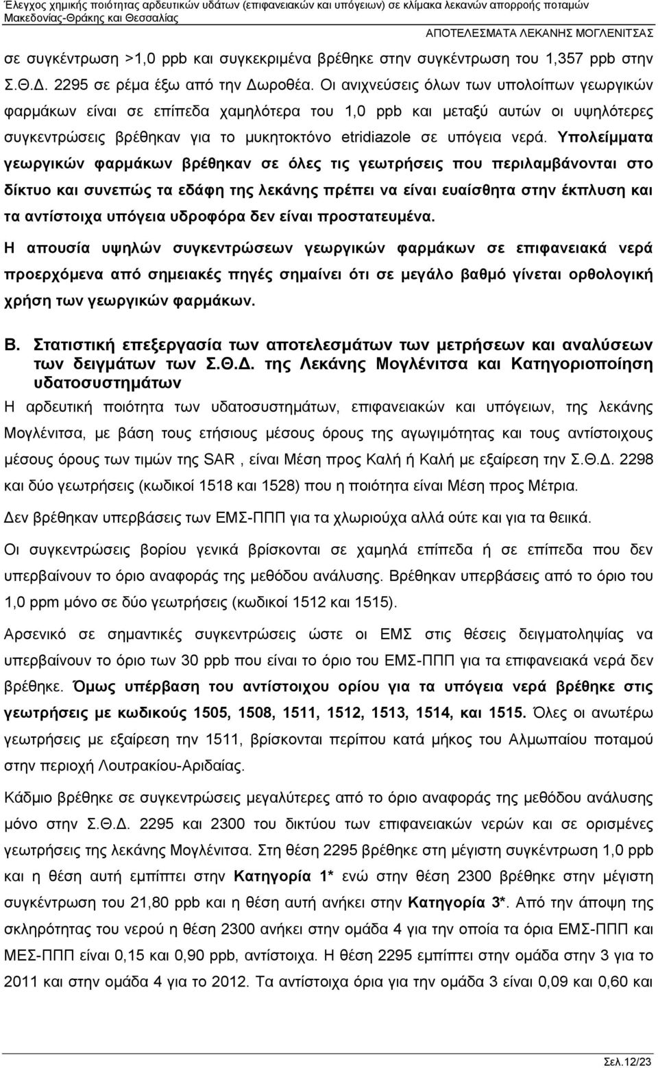 Υπολείμματα γεωργικών φαρμάκων βρέθηκαν σε όλες τις γεωτρήσεις που περιλαμβάνονται στο δίκτυο και συνεπώς τα εδάφη της λεκάνης πρέπει να είναι ευαίσθητα στην έκπλυση και τα αντίστοιχα υπόγεια