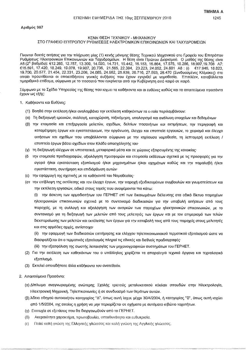 Ο μισθός της θέσης είναι Α5:(2" βαθμίδα): 12.265, 12.757, 13.309, 14.020, 14.731, 15.442, 16.153, 16.864, 17-575, 18.286, 18.997,19.708 Α7: 16.591,17,420,18.249,19.078,19,907,20.736, 21.565,22.