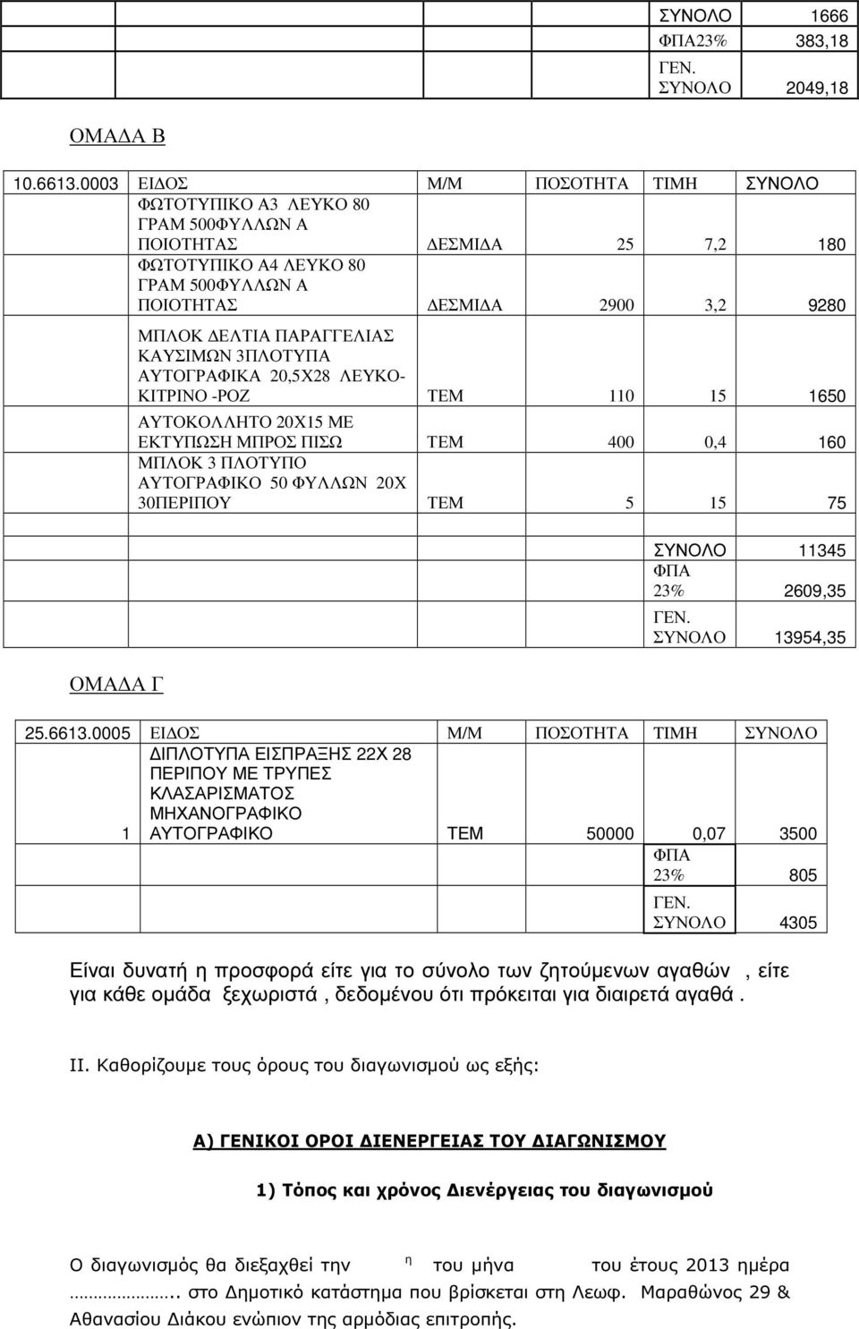 ΚΑΥΣΙΜΩΝ 3ΠΛΟΤΥΠΑ ΑΥΤΟΓΡΑΦΙΚΑ 20,5Χ28 ΛΕΥΚΟ- ΚΙΤΡΙΝΟ -ΡΟΖ 110 1650 ΑΥΤΟΚΟΛΛΗΤΟ 20Χ ΜΕ ΕΚΤΥΠΩΣΗ ΜΠΡΟΣ ΠΙΣΩ 400 0,4 160 ΜΠΛΟΚ 3 ΠΛΟΤΥΠΟ ΑΥΤΟΓΡΑΦΙΚΟ 50 20Χ 30ΠΕΡΙΠΟΥ 5 75 ΣΥΝΟΛΟ 11345 ΦΠΑ 23% 2609,35