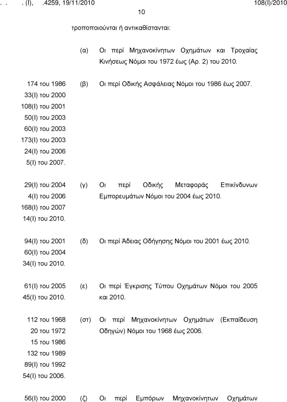 29(Ι) του 2004 4(Ι) του 2006 168(Ι) του 2007 14(Ι) του 2010. (γ) Οι περί Οδικής Μεταφοράς Επικίνδυνων Εμπορευμάτων Νόμοι του 2004 έως 2010. 94(Ι) του 2001 60(Ι) του 2004 34(Ι) του 2010.