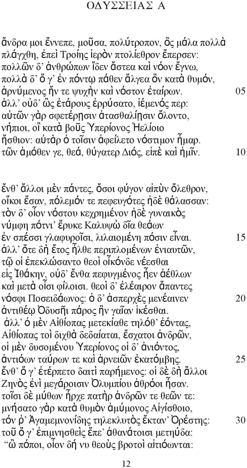 05 ἀλλ οὐδ ὣς ἑτάρους ἐρρύσατο, ἱέμενός περ: αὐτῶν γὰρ σφετέρῃσιν ἀτασθαλίῃσιν ὄλοντο, νήπιοι, οἳ κατὰ βοῦς Ὑπερίονος Ἠελίοιο ἤσθιον: αὐτὰρ ὁ τοῖσιν ἀφείλετο νόστιμον ἦμαρ.