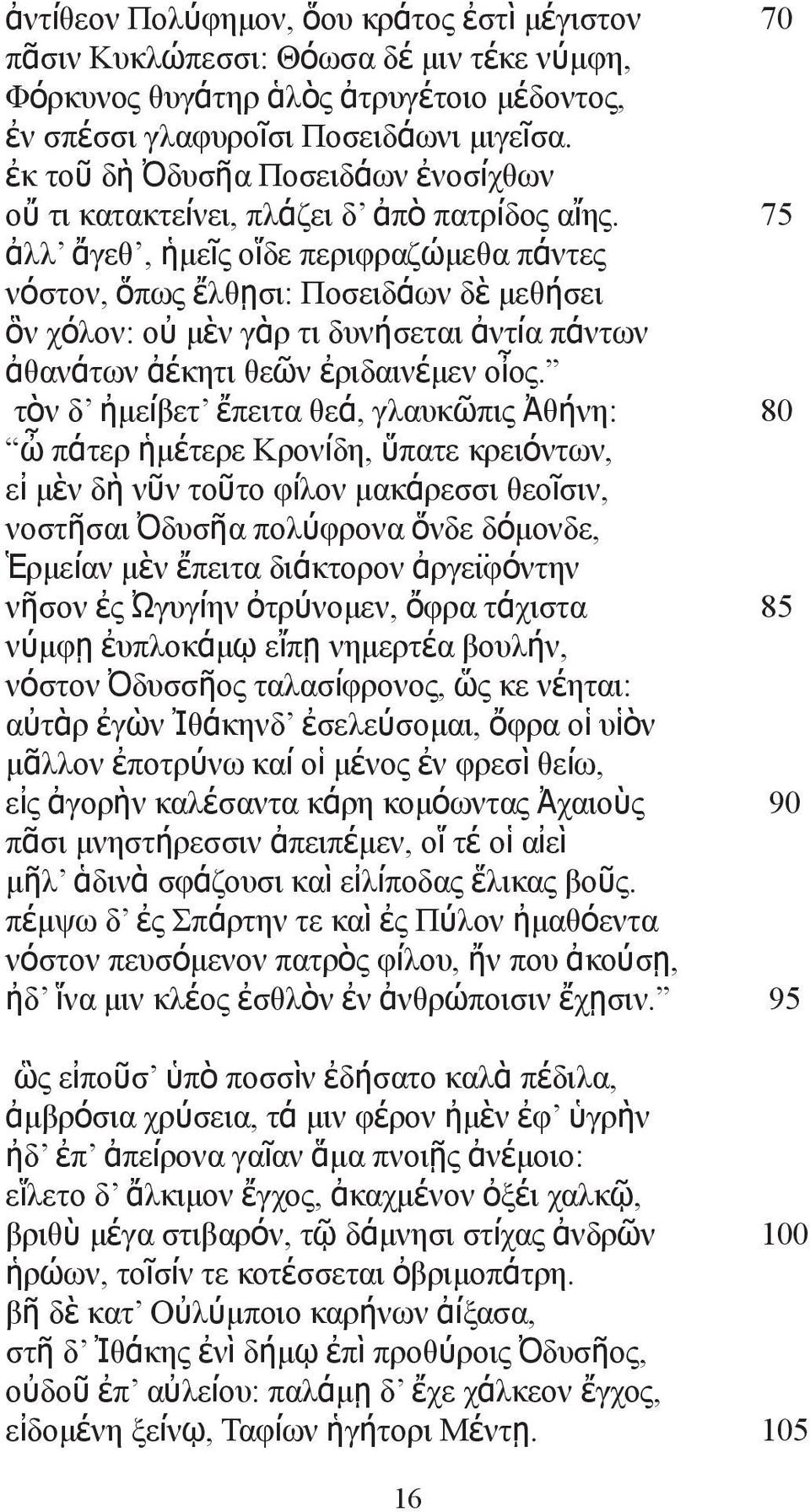 75 ἀλλ ἄγεθ, ἡμεῖς οἵδε περιφραζώμεθα πάντες νόστον, ὅπως ἔλθῃσι: Ποσειδάων δὲ μεθήσει ὃν χόλον: οὐ μὲν γὰρ τι δυνήσεται ἀντία πάντων ἀθανάτων ἀέκητι θεῶν ἐριδαινέμεν οἶος.