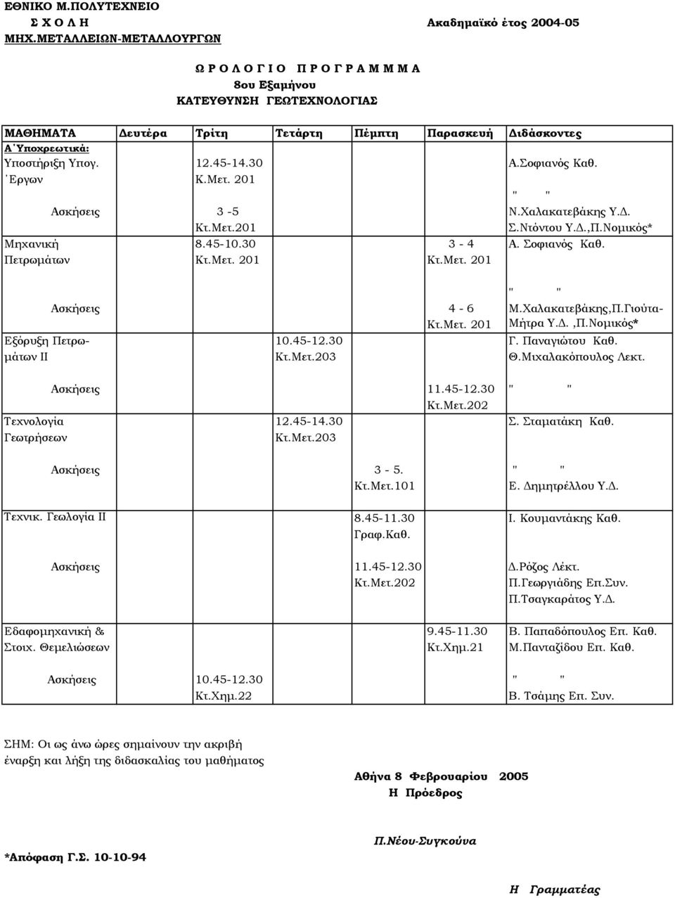 45-14.30 Σ. Σταµατάκη Καθ. Γεωτρήσεων Κτ.Μετ.203 Ασκήσεις 3-5. Ε. ηµητρέλλου Υ.. Τεχνικ. Γεωλογία ΙΙ 8.45-11.30 Ι. Κουµαντάκης Καθ. Γραφ.Καθ. Ασκήσεις 11.45-12.30.Ρόζος Λέκτ. Κτ.Μετ.202 Π.