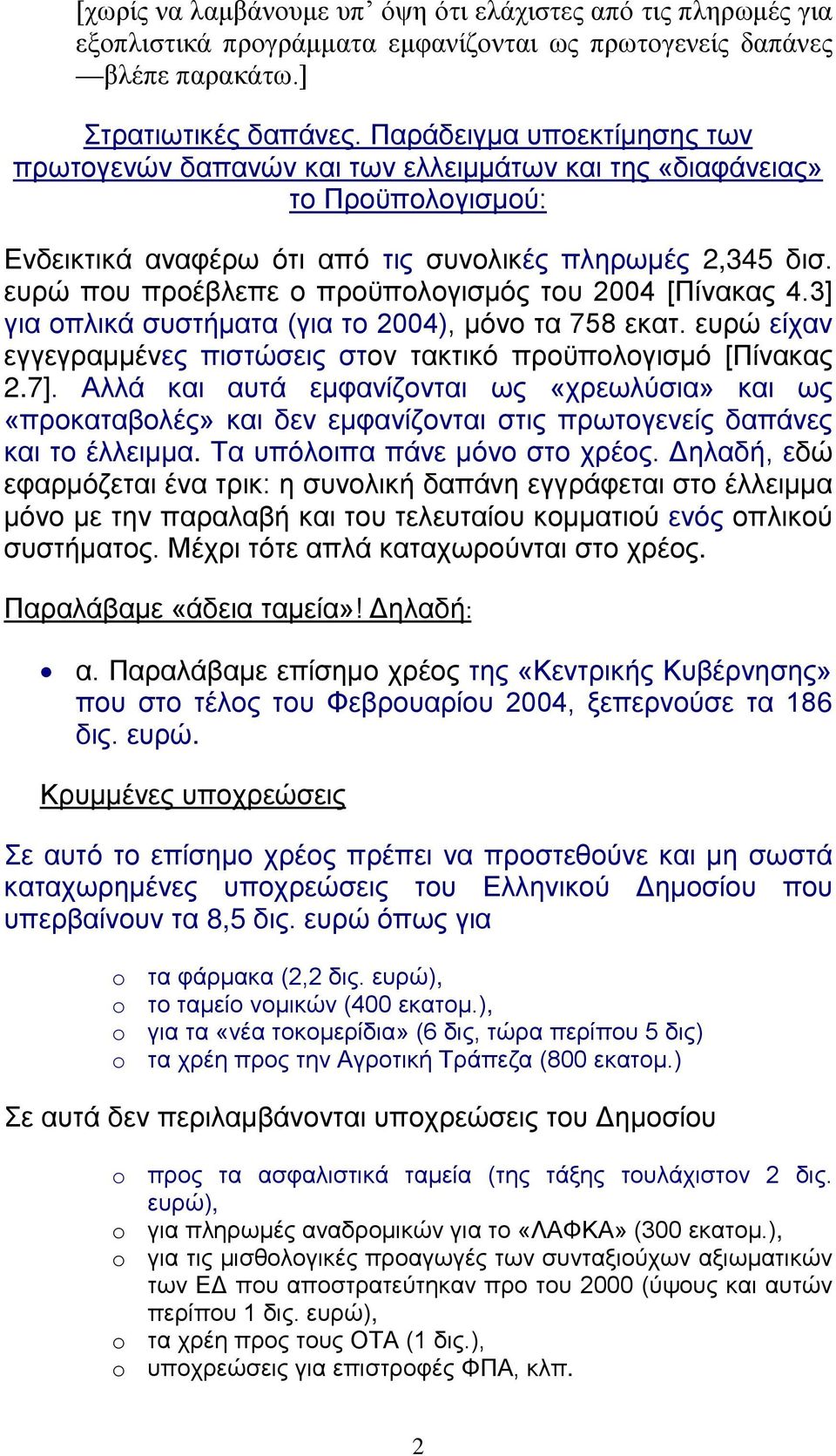 ευρώ που προέβλεπε ο προϋπολογισμός του 2004 [Πίνακας 4.3] για οπλικά συστήματα (για το 2004), μόνο τα 758 εκατ. ευρώ είχαν εγγεγραμμένες πιστώσεις στον τακτικό προϋπολογισμό [Πίνακας 2.7].