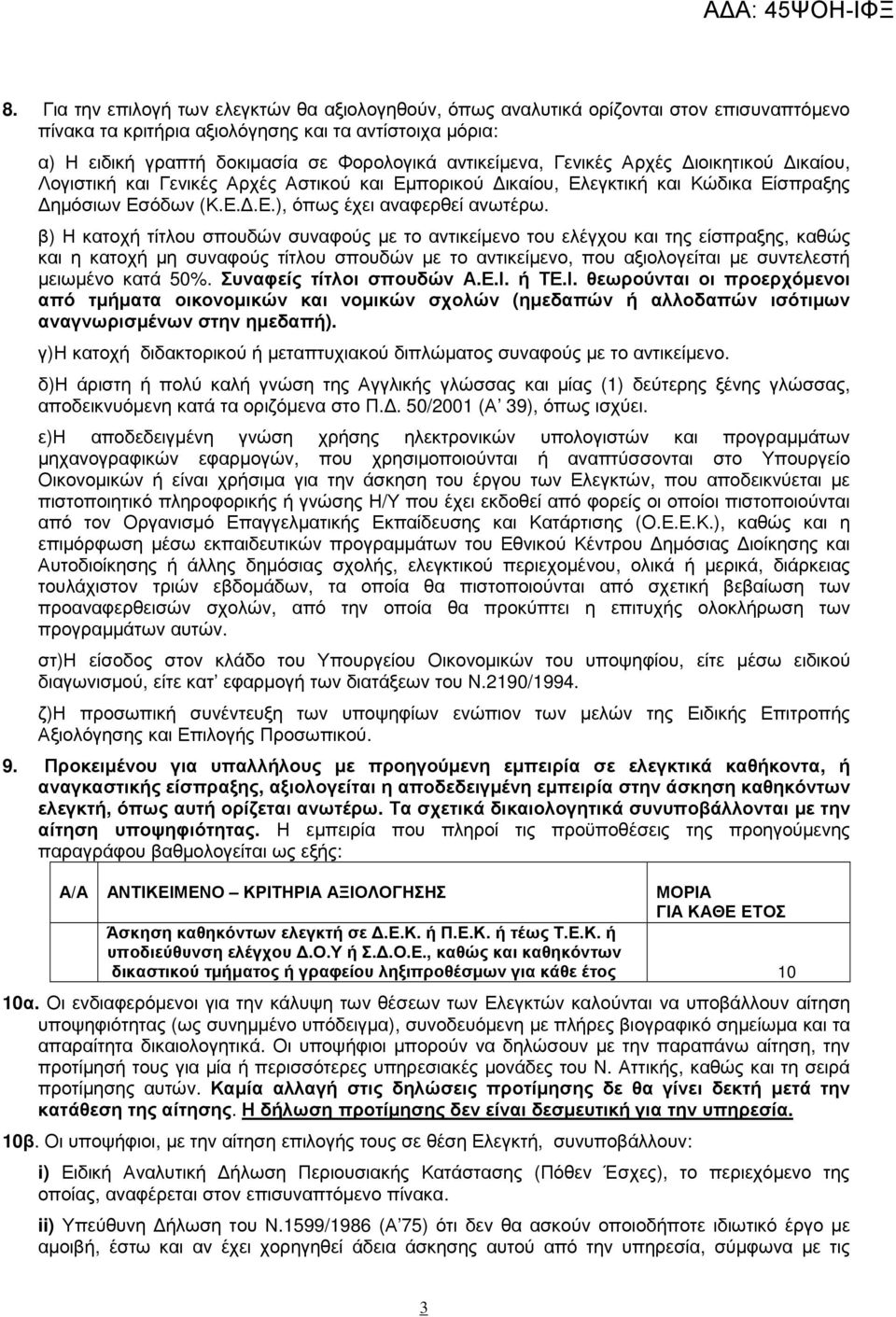 β) Η κατοχή τίτλου σπουδών συναφούς µε το αντικείµενο του ελέγχου και της είσπραξης, καθώς και η κατοχή µη συναφούς τίτλου σπουδών µε το αντικείµενο, που αξιολογείται µε συντελεστή µειωµένο κατά 50%.