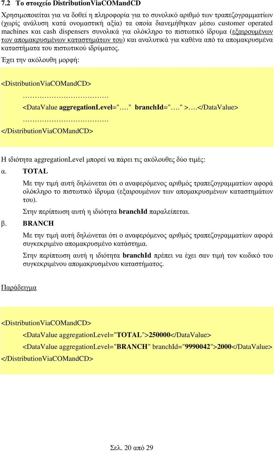 πιστωτικού ιδρύµατος. Έχει την ακόλουθη µορφή: <DistributionViaCOMandCD> <DataValue aggregationlevel="." branchid="." >.