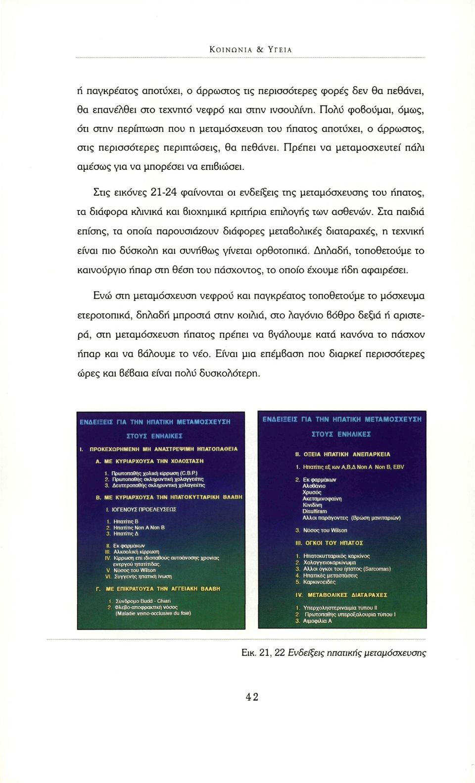 Στις εικόνες 21-24 φαίνονται οι ενδείξεις της μεταμόσχευσης του ήπατος, τα διάφορα κλινικά και βιοχημικά κριτήρια επιλογής των ασθενών.