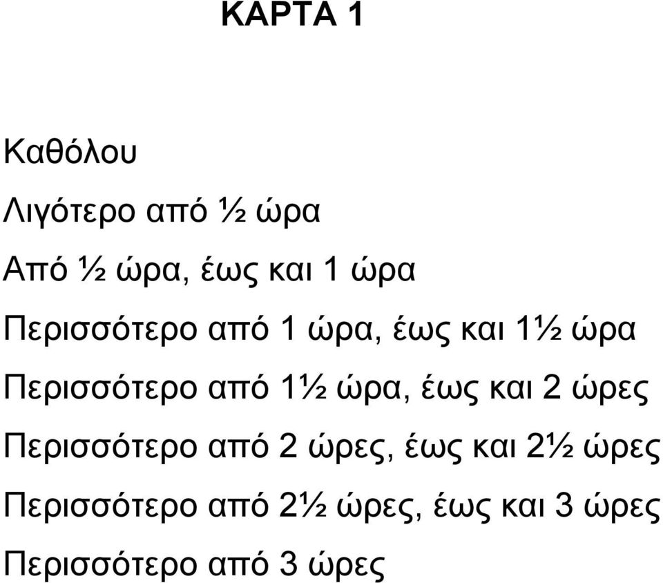 ώρα, έως και 2 ώρες Περισσότερο από 2 ώρες, έως και 2½ ώρες