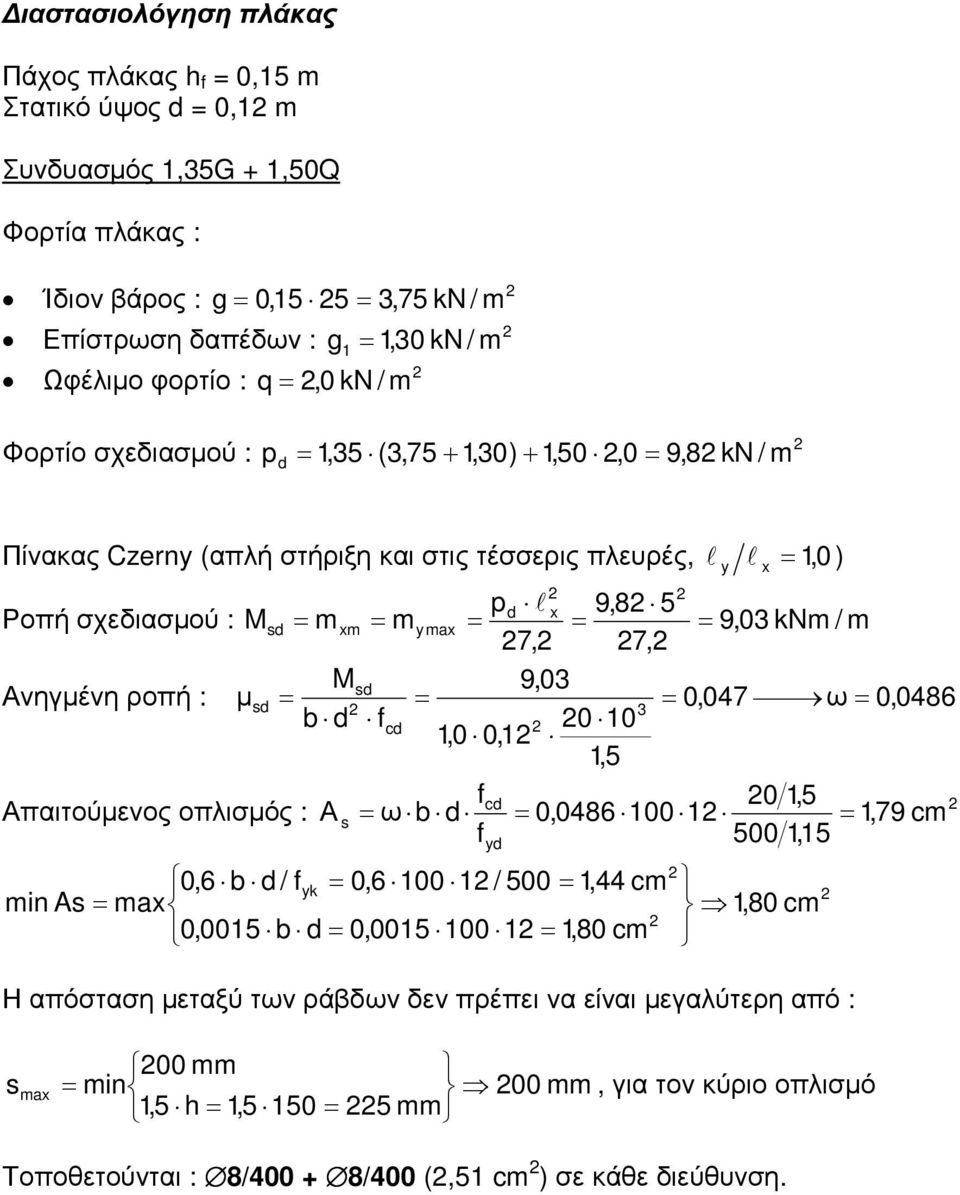 7, M 9,0 Ανηγένη ροπή : d d 0,047 ω 0, 0486 b d f 00,0 0,,5 f 0,5 Απιτούενος οπλισός : Α ωb d 0,0486 00,79 cm f 500,5 min 0,6 b d / fyk 0,6 00 / 500,44 cm max 0,005 b d 0,005