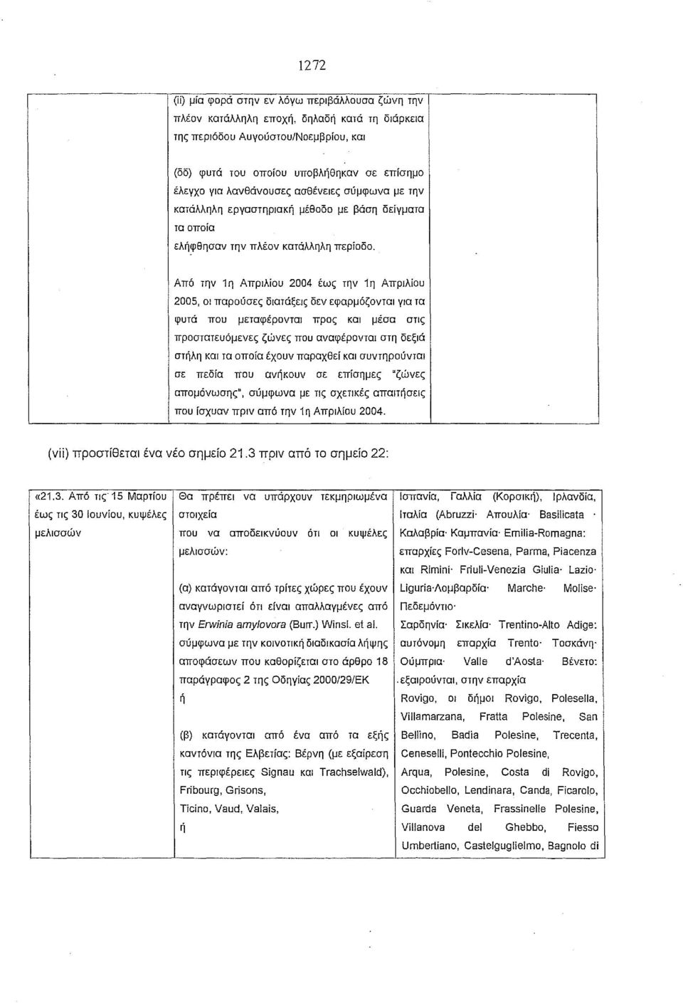 Από την 1η Απριλίου 2004 έως την 1η Απριλίου 2005, οι παρούσες διατάξεις δεν εφαρμόζονται για τα φυτά που μεταφέρονται προς και μέσα στις προστατευόμενες ζώνες που αναφέρονται στη δεξιά στήλη και τα