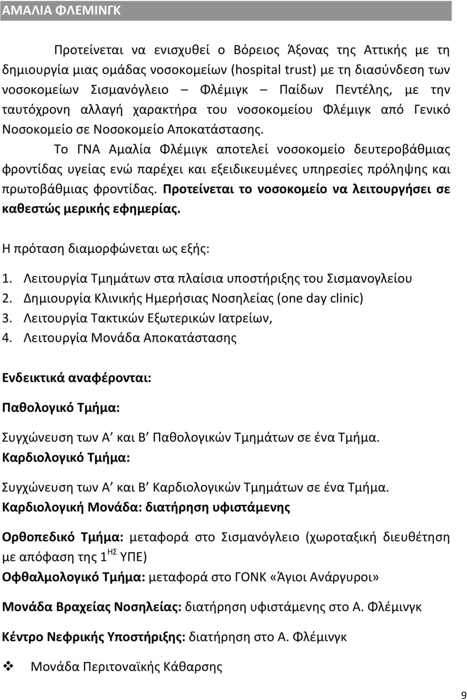 Το ΓΝΑ Αμαλία Φλέμιγκ αποτελεί νοσοκομείο δευτεροβάθμιας φροντίδας υγείας ενώ παρέχει και εξειδικευμένες υπηρεσίες πρόληψης και πρωτοβάθμιας φροντίδας.