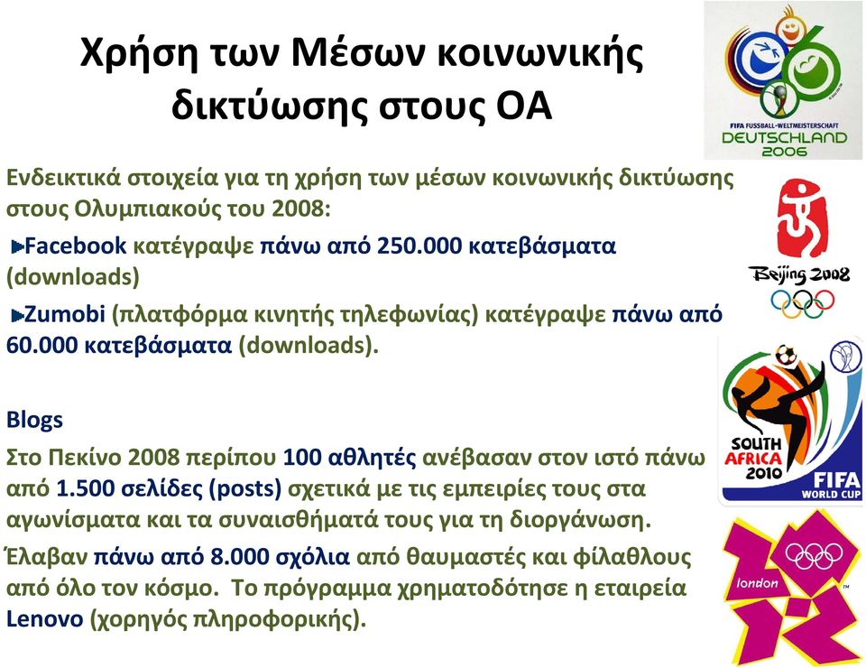 500 σελίδες (posts) σχετικά με τις εμπειρίες τους στα αγωνίσματα και τα συναισθήματά τους για τη διοργάνωση. Έλαβαν πάνω από 8.