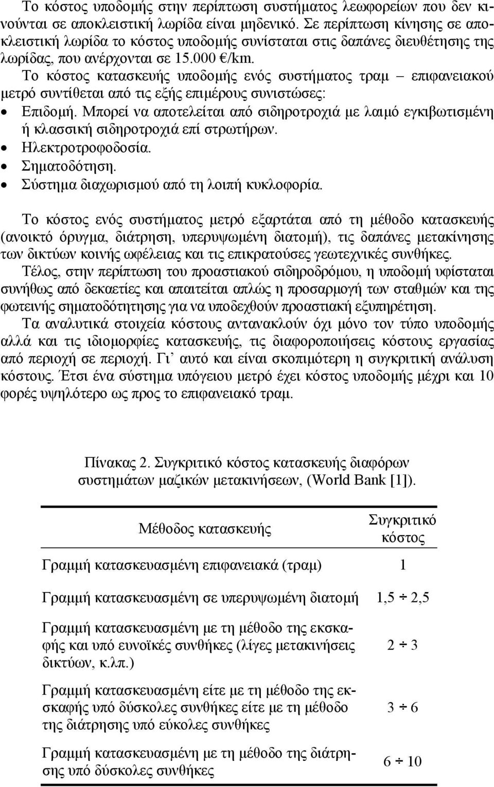 Το κόστος κατασκευής υποδοµής ενός συστήµατος τραµ επιφανειακού µετρό συντίθεται από τις εξής επιµέρους συνιστώσες: Επιδοµή.