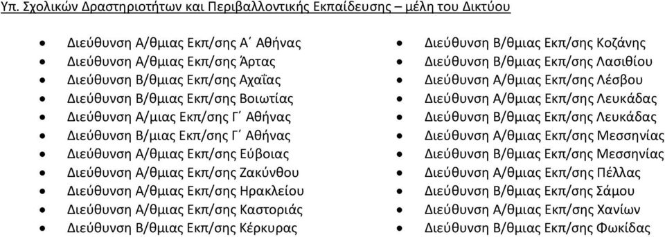 Α/θμιας Εκπ/σης Καστοριάς Διεύθυνση Β/θμιας Εκπ/σης Κέρκυρας Διεύθυνση Β/θμιας Εκπ/σης Κοζάνης Διεύθυνση Β/θμιας Εκπ/σης Λασιθίου Διεύθυνση Α/θμιας Εκπ/σης Λέσβου Διεύθυνση Α/θμιας Εκπ/σης Λευκάδας