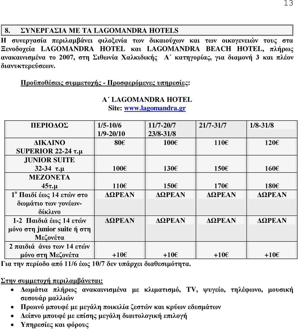 gr ΠΕΡΙΟΔΟΣ 1/5-10/6 11/7-20/7 21/7-31/7 1/8-31/8 1/9-20/10 23/8-31/8 ΔΙΚΛΙΝΟ 80 100 110 120 SUPERIOR 22-24 τ.μ JUNIOR SUITE 32-34 τ.μ 100 130 150 160 ΜΕΖΟΝΕΤΑ 45τ.