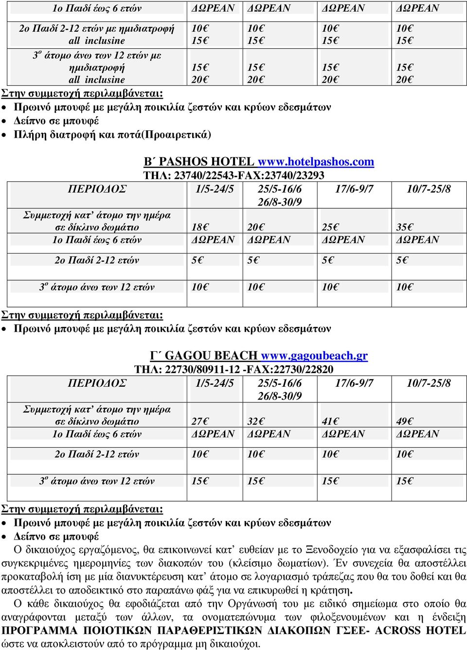 com ΤΗΛ: 23740/22543-FAX:23740/23293 ΠΕΡΙΟ ΟΣ 1/5-24/5 25/5-16/6 26/8-30/9 17/6-9/7 10/7-25/8 σε δίκλινο δωµάτιο 18 20 25 35 1o Παιδί έως 6 ετών ΩΡΕΑΝ ΩΡΕΑΝ ΩΡΕΑΝ ΩΡΕΑΝ 2o Παιδί 2-12 ετών 5 5 5 5 3 ο