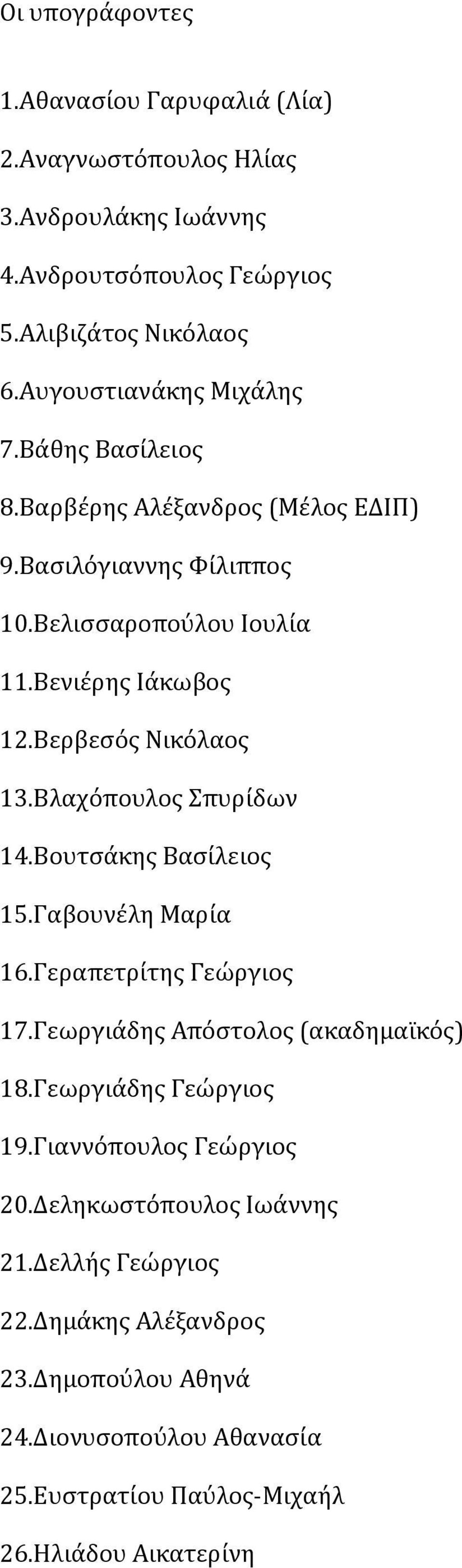 Βερβεσός Νικόλαος 13.Βλαχόπουλος Σπυρίδων 14.Βουτσάκης Βασίλειος 15.Γαβουνέλη Μαρία 16.Γεραπετρίτης Γεώργιος 17.Γεωργιάδης Απόστολος (ακαδημαϊκός) 18.