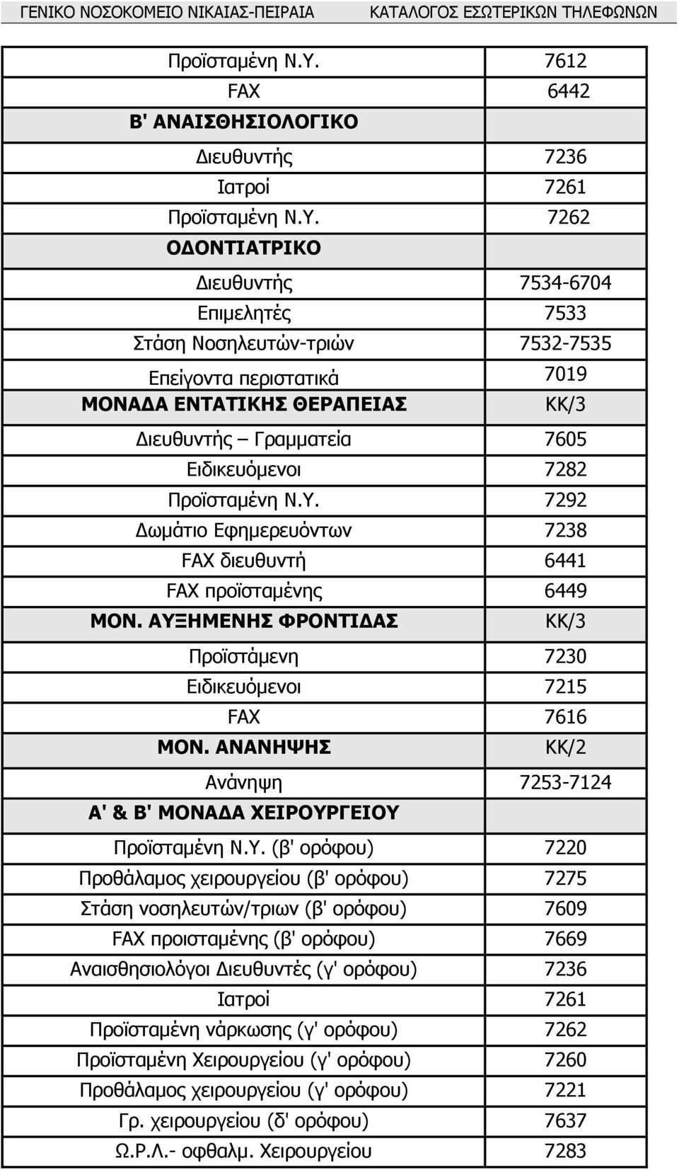ΘΕΡΑΠΕΙΑΣ ΚΚ/3 ιευθυντής Γραµµατεία 7605 Ειδικευόµενοι 7282  7292 ωµάτιο Εφηµερευόντων 7238 FAX διευθυντή 6441 FAX προϊσταµένης 6449 ΜΟΝ.