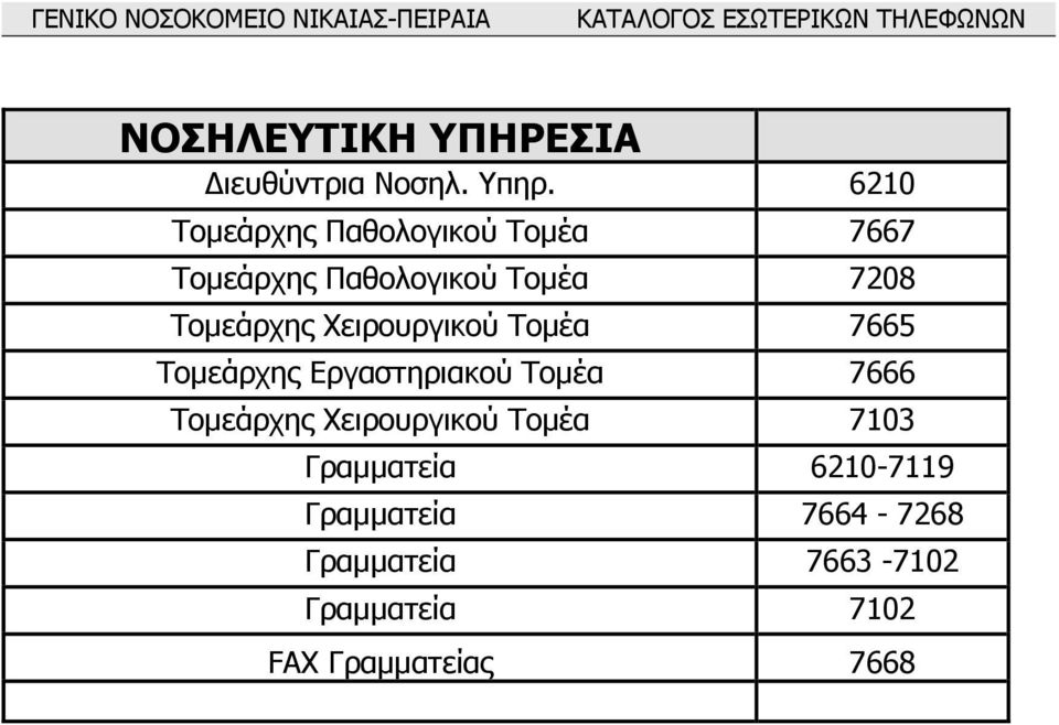 Τοµεάρχης Χειρουργικού Τοµέα 7665 Τοµεάρχης Εργαστηριακού Τοµέα 7666 Τοµεάρχης