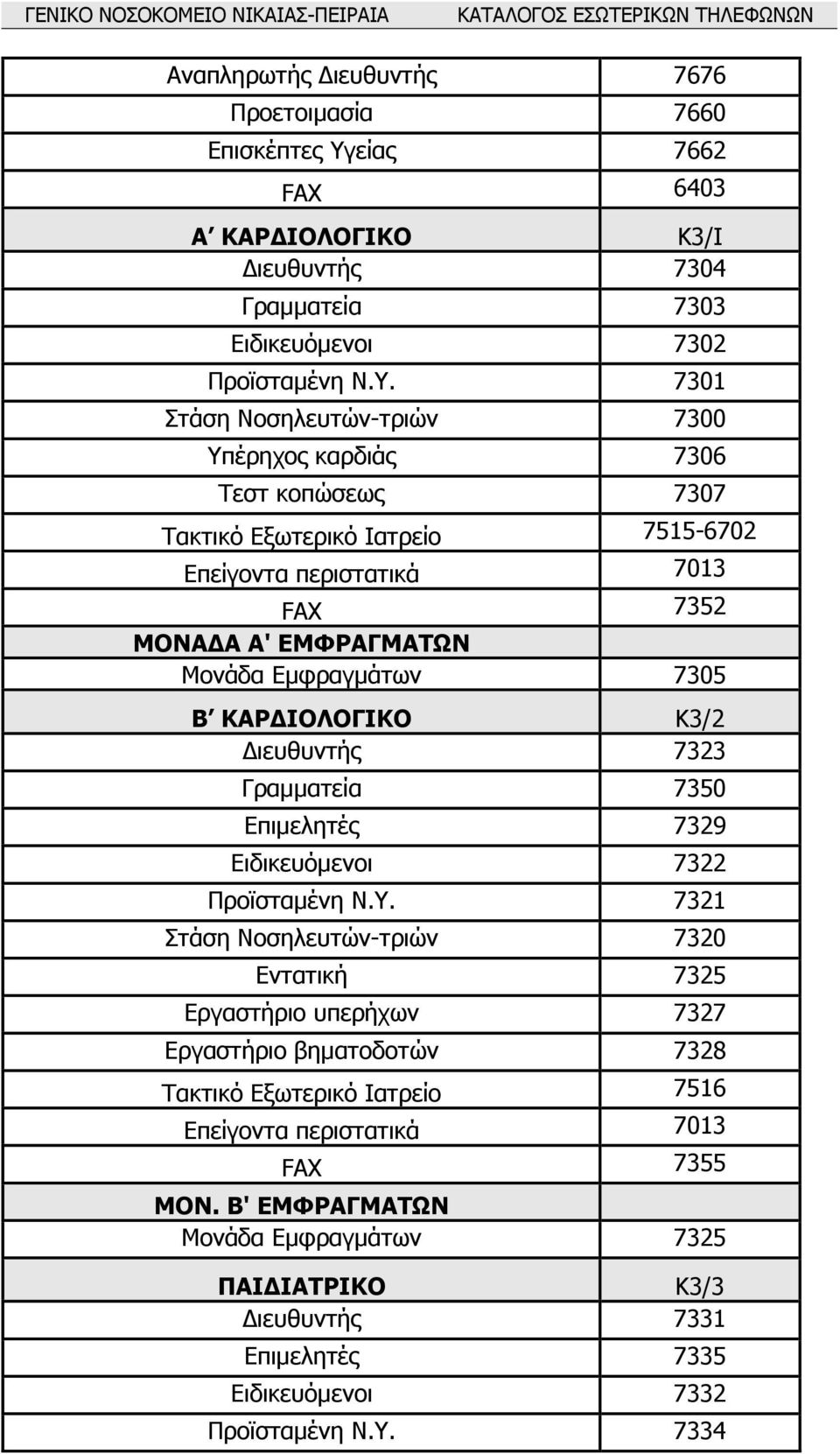 7301 Στάση Νοσηλευτών-τριών 7300 Υπέρηχος καρδιάς 7306 Τεστ κοπώσεως 7307 Τακτικό Εξωτερικό Ιατρείο 7515-6702 Επείγοντα περιστατικά 7013 FAX 7352 ΜΟΝΑ Α Α' ΕΜΦΡΑΓΜΑΤΩΝ Μονάδα Εµφραγµάτων