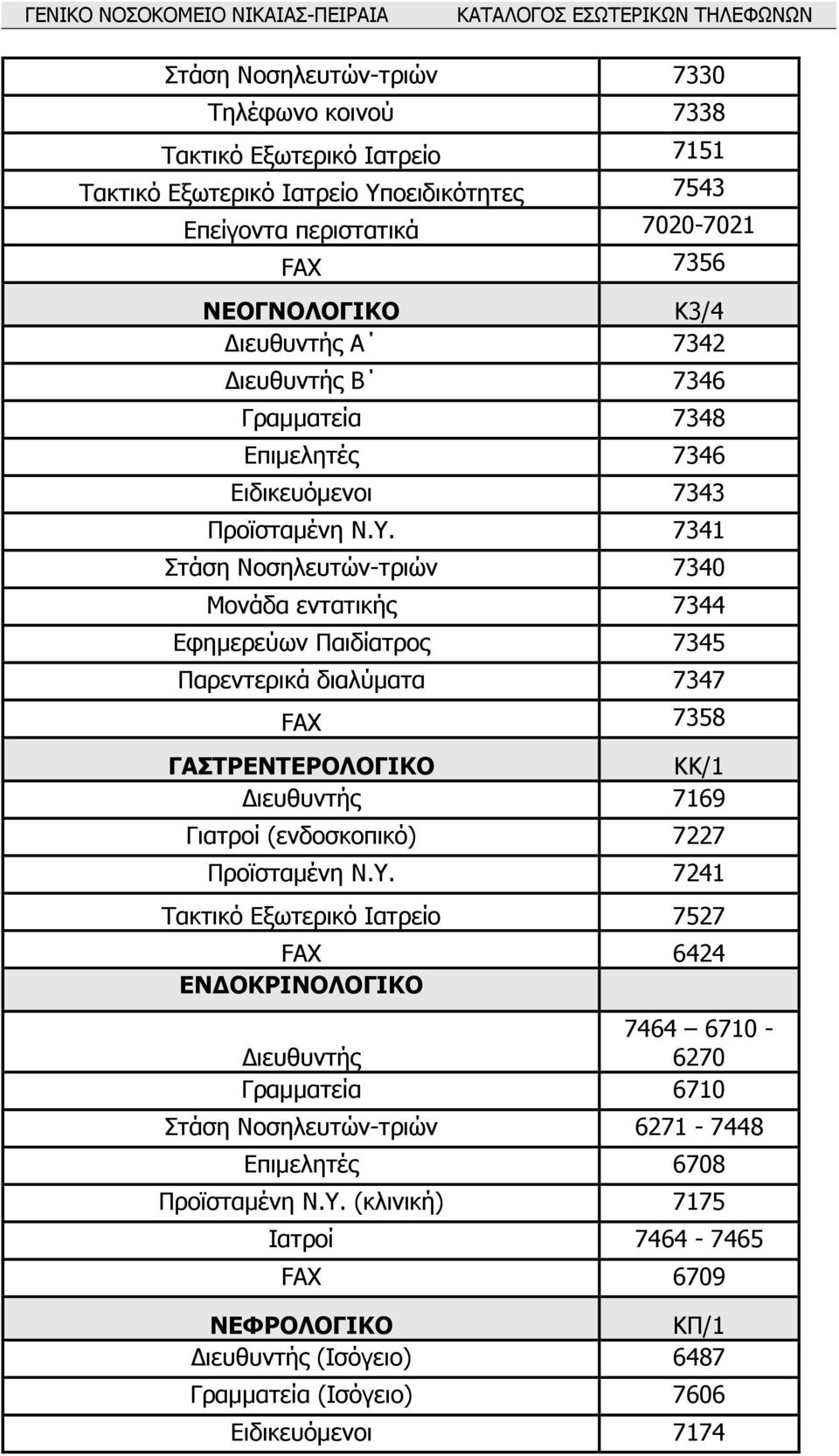 7341 Στάση Νοσηλευτών-τριών 7340 Μονάδα εντατικής 7344 Εφηµερεύων Παιδίατρος 7345 Παρεντερικά διαλύµατα 7347 FAX 7358 ΓΑΣΤΡΕΝΤΕΡΟΛΟΓΙΚΟ ΚΚ/1 ιευθυντής 7169 Γιατροί (ενδοσκοπικό) 7227 Προϊσταµένη