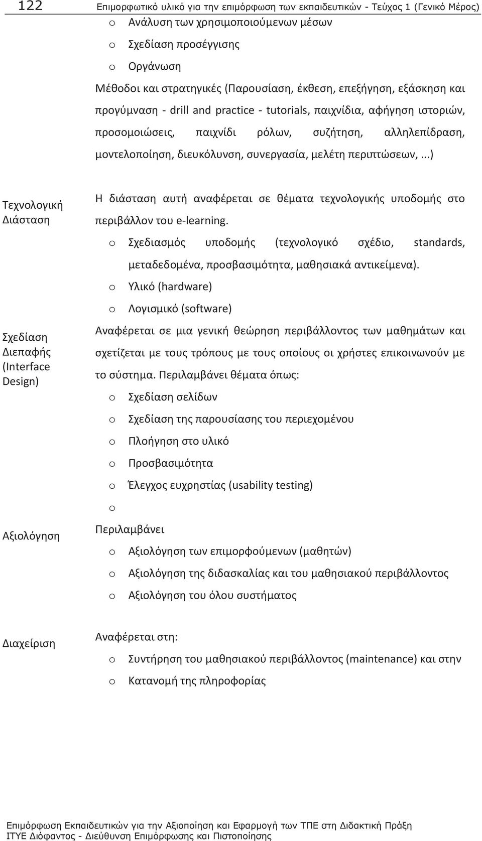 περιπτώσεων,...) Τεχνολογική Διάσταση Σχεδίαση Διεπαφής (Interface Design) Αξιολόγηση Η διάσταση αυτή αναφέρεται σε θέματα τεχνολογικής υποδομής στο περιβάλλον του e-learning.