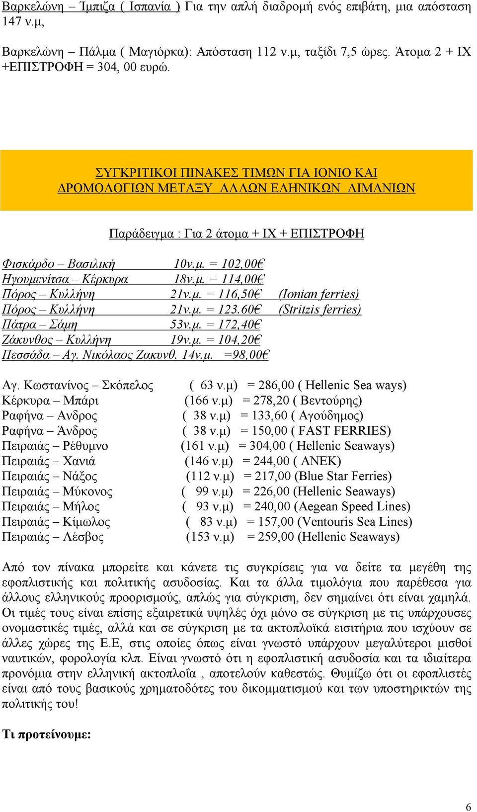 μ. = 116,50 (Ionian ferries) Πόρος Κυλλήνη 21ν.μ. = 123.60 (Stritzis ferries) Πάτρα Σάμη 53ν.μ. = 172,40 Ζάκυνθος Κυλλήνη 19ν.μ. = 104,20 Πεσσάδα Αγ. Νικόλαος Ζακυνθ. 14ν.μ. =98,00 Αγ.