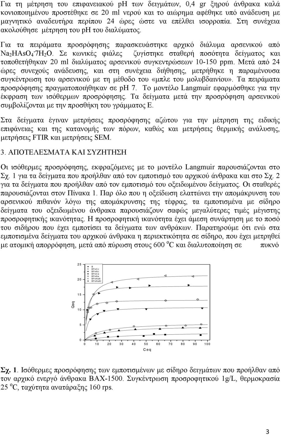 Σε κωνικές φιάλες ζυγίστηκε σταθερή ποσότητα δείγµατος και τοποθετήθηκαν 20 ml διαλύµατος αρσενικού συγκεντρώσεων 10-150 ppm.