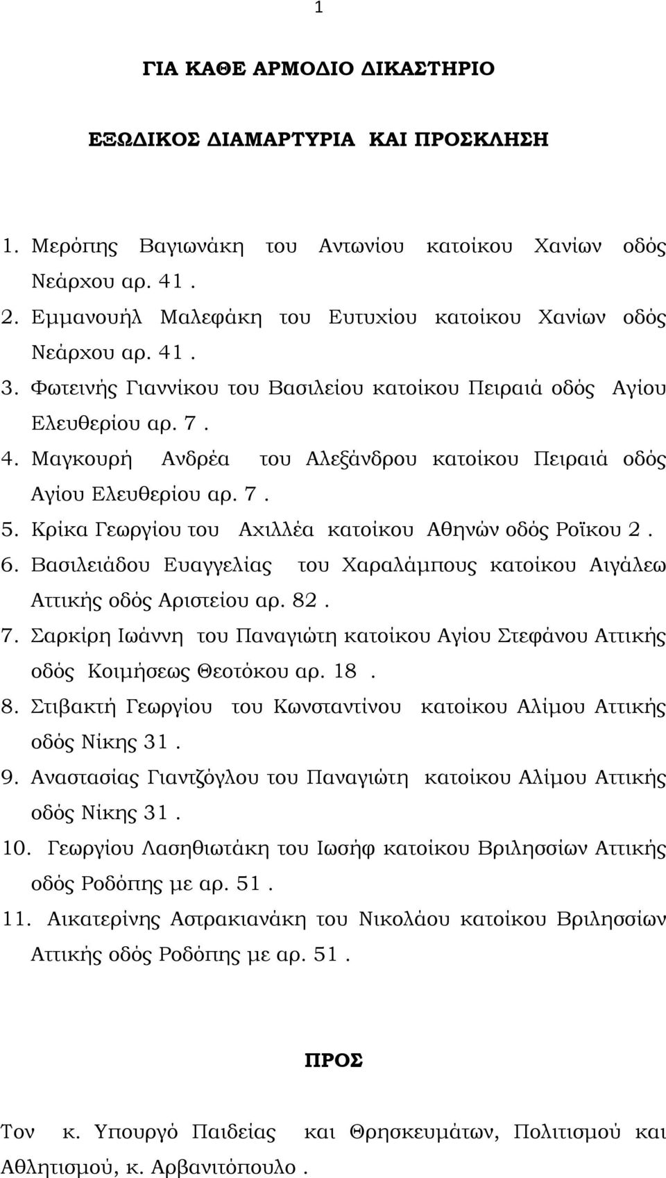 7. 5. Κρίκα Γεωργίου του Αχιλλέα κατοίκου Αθηνών οδός Ροϊκου 2. 6. Βασιλειάδου Ευαγγελίας του Χαραλάμπους κατοίκου Αιγάλεω Αττικής οδός Αριστείου αρ. 82. 7.