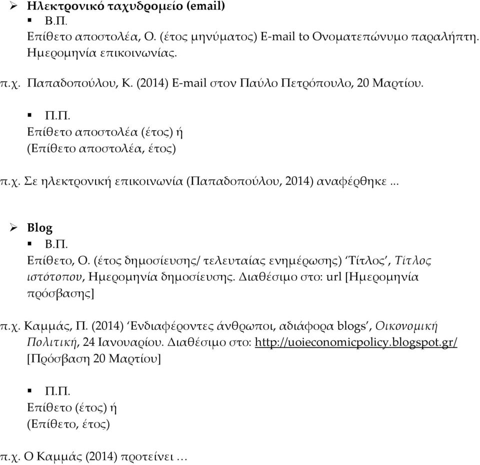 .. Blog Επίθετο, Ο. (έτος δημοσίευσης/ τελευταίας ενημέρωσης) Τίτλος, Τίτλος ιστότοπου, Ημερομηνία δημοσίευσης. Διαθέσιμο στο: url [Ημερομηνία πρόσβασης] π.χ. Καμμάς, Π.