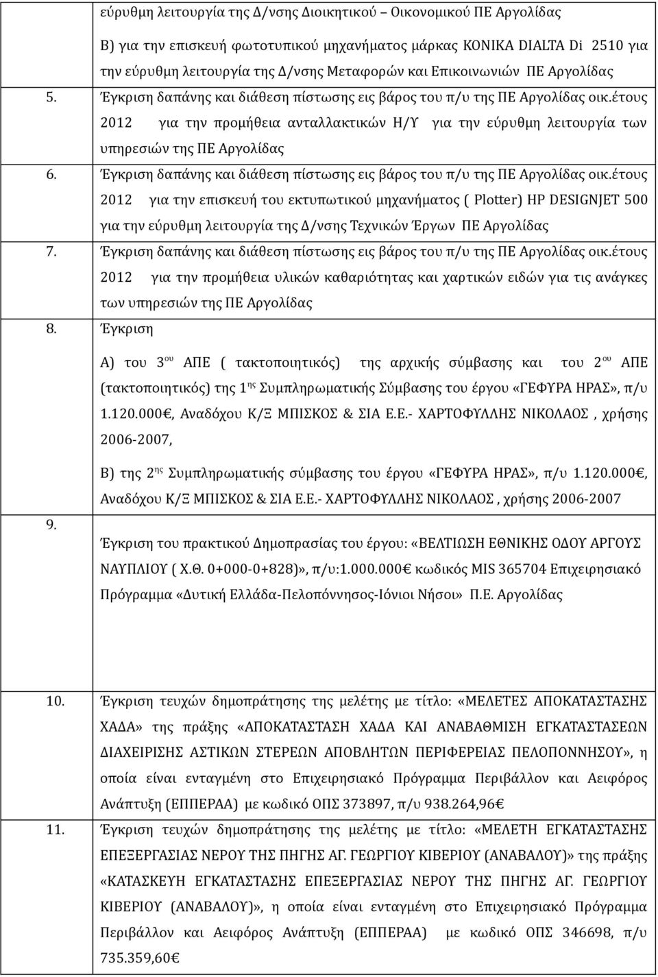 έτους 2012 για την προμήθεια ανταλλακτικών Η/Υ για την εύρυθμη λειτουργία των υπηρεσιών της ΠΕ Αργολίδας 6. Έγκριση δαπάνης και διάθεση πίστωσης εις βάρος του π/υ της ΠΕ Αργολίδας οικ.