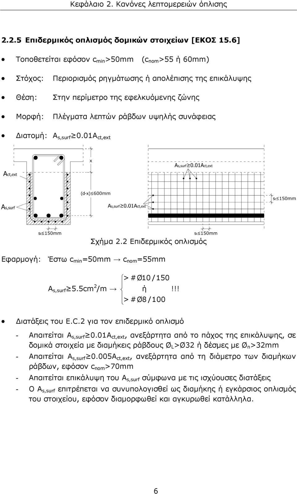 συνάφειας Διατομή: A s,surf 0.01A ct,ext Σχήμα 2.2 Επιδερμικός οπλισμός Εφαρμογή: Έστω c min =50mm c nom =55mm A s,surf 5.5cm 2 /m > #Ø10 /150 ή!!! > #Ø8 /100 Διατάξεις του E.C.