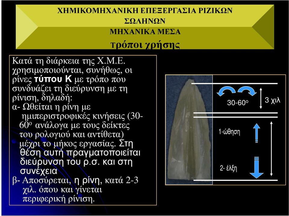 με τρόπο που συνδυάζει τη διεύρυνση με τη ρίνιση, δηλαδή: α- Ωθείται η ρίνη με ημιπεριστροφικές κινήσεις (30-60 ο ανάλογα με