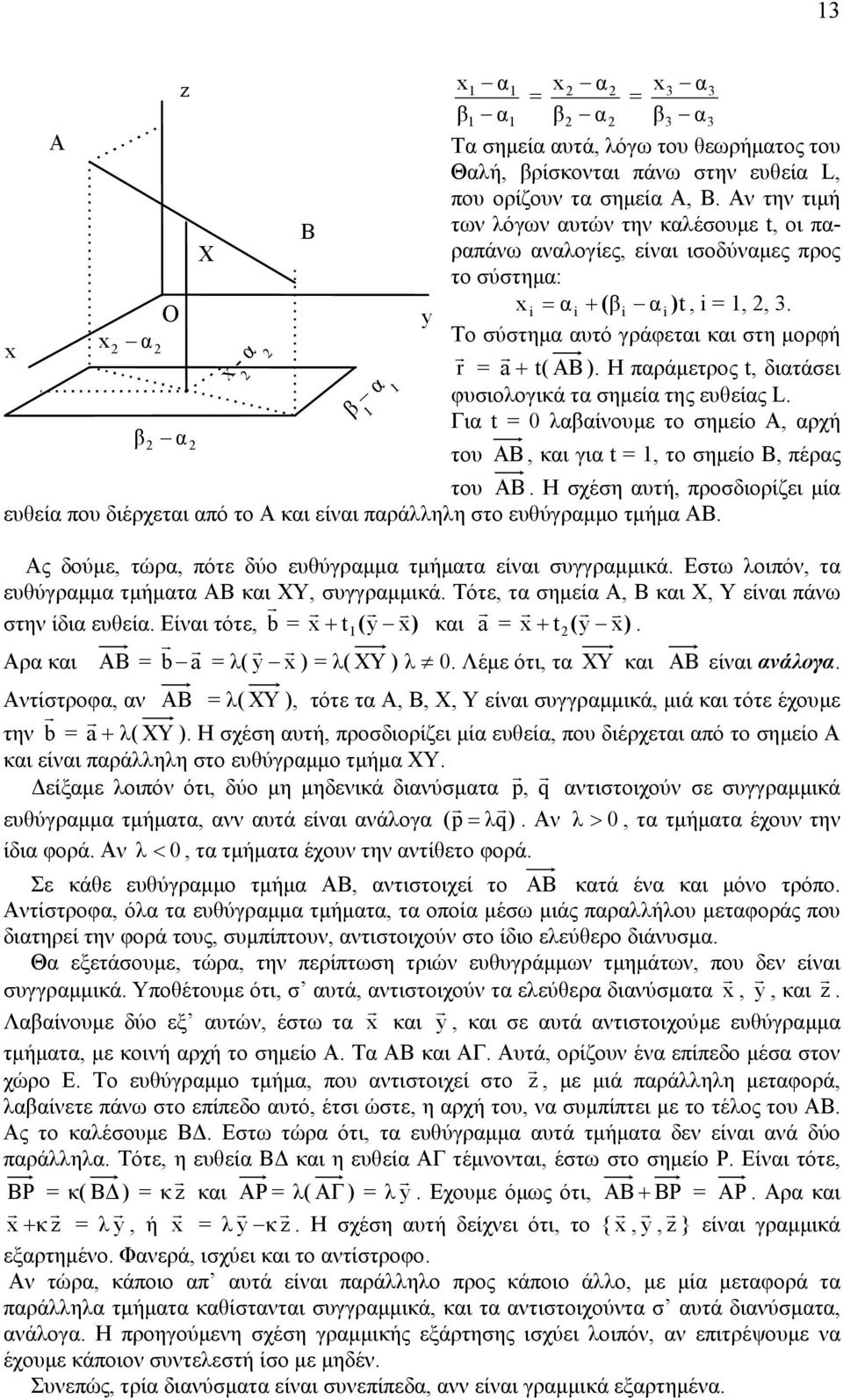 Η παράµετρος t, διατάσει φυσιολογικά τα σηµεία της ευθείας L. Για t = 0 λαβαίνουµε το σηµείο Α, αρχή του AB, και για t =, το σηµείο Β, πέρας του AB.